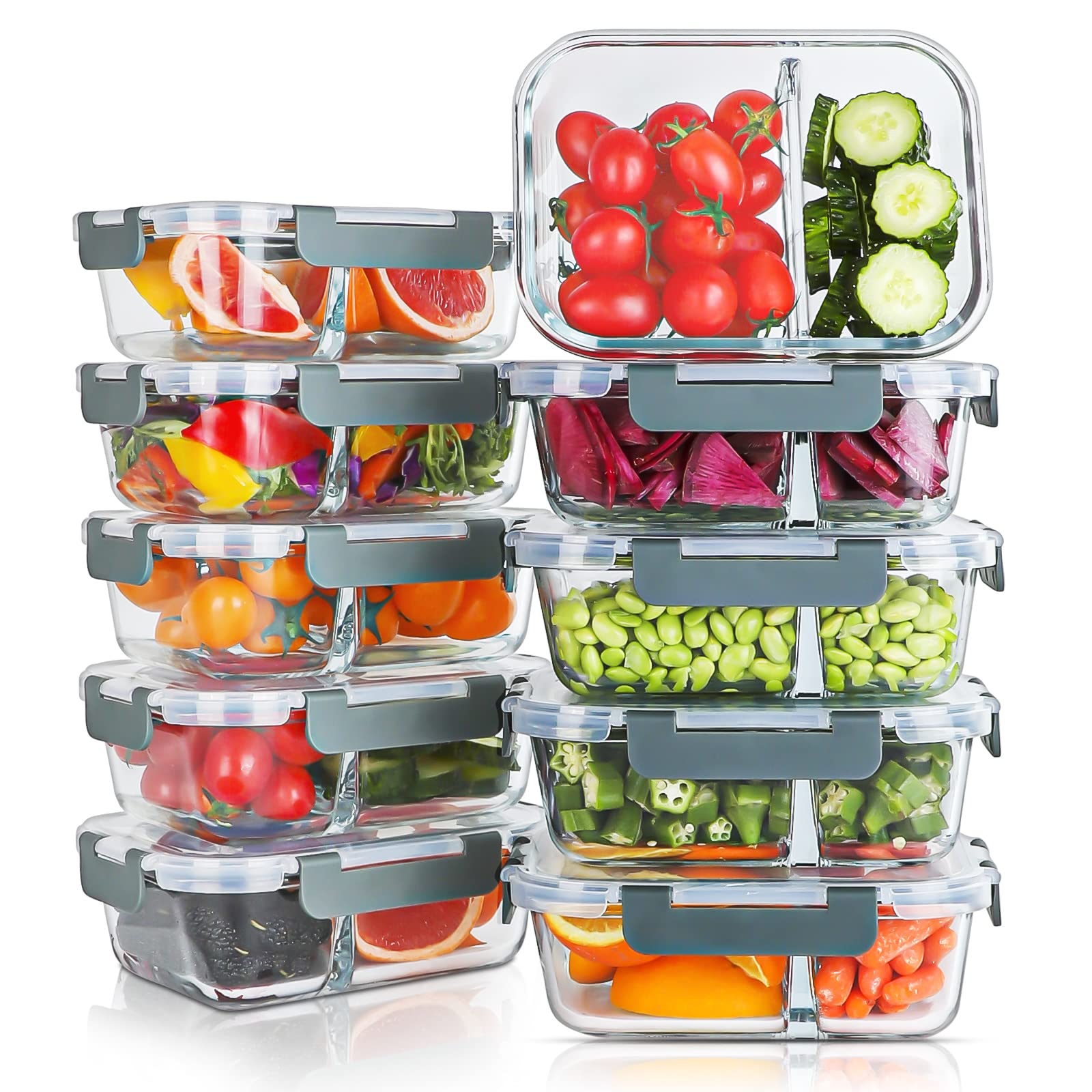 10-Pack 30oz Glass Meal Prep Containers with Lids - 2 Compartment Airtight Food Storage Containers | Microwave, Oven, Freezer & Dishwasher Safe | Perfect for Meal Prepping, Lunches, Leftovers & Office Bento Boxes