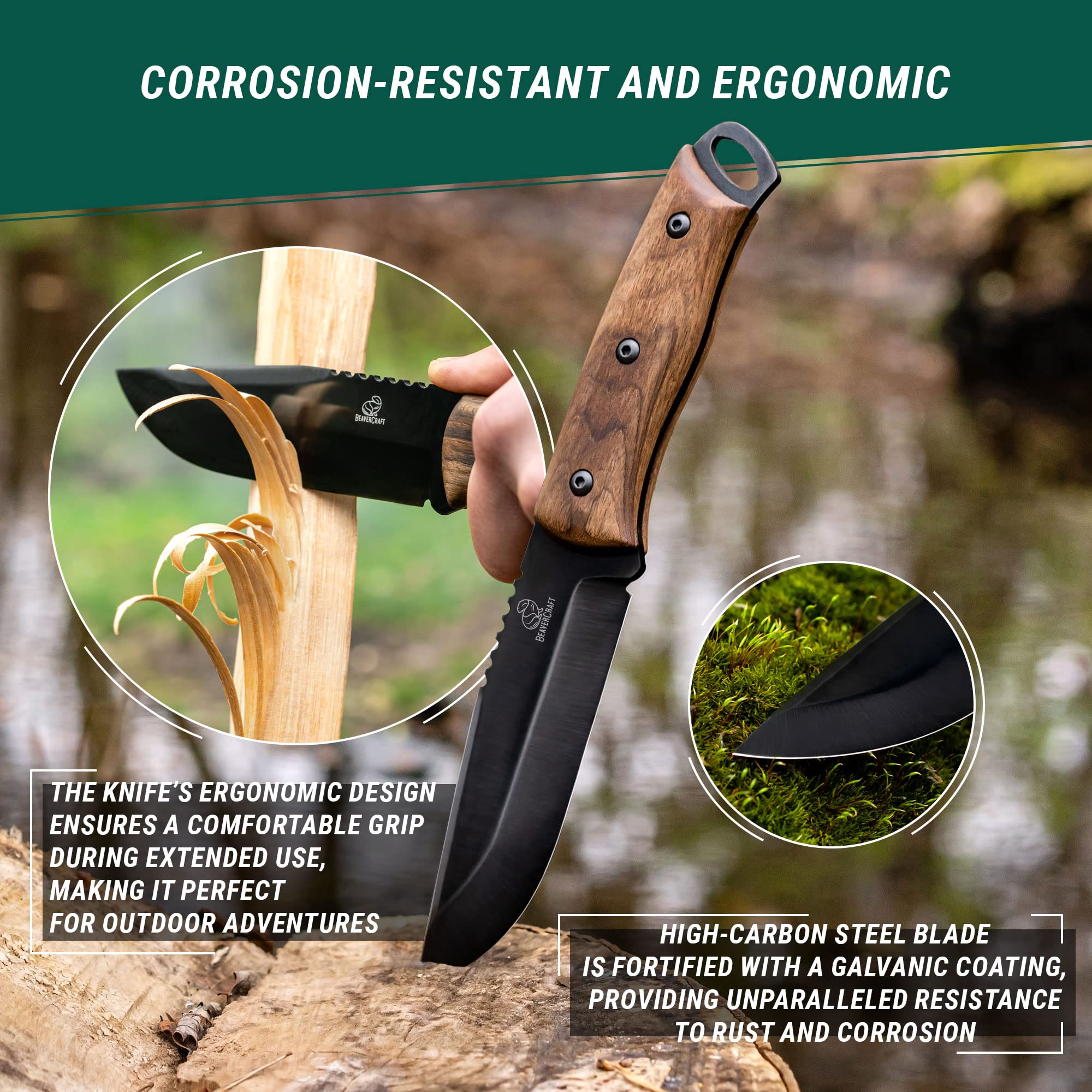 BeaverCraft Bushcraft Knife - Full Tang Fixed Blade Camping & Survival Knife with Sheath - High Carbon Steel for Outdoor Adventures, Hiking, Hunting & Bushcraft Gear - BSH4 Dusk Model