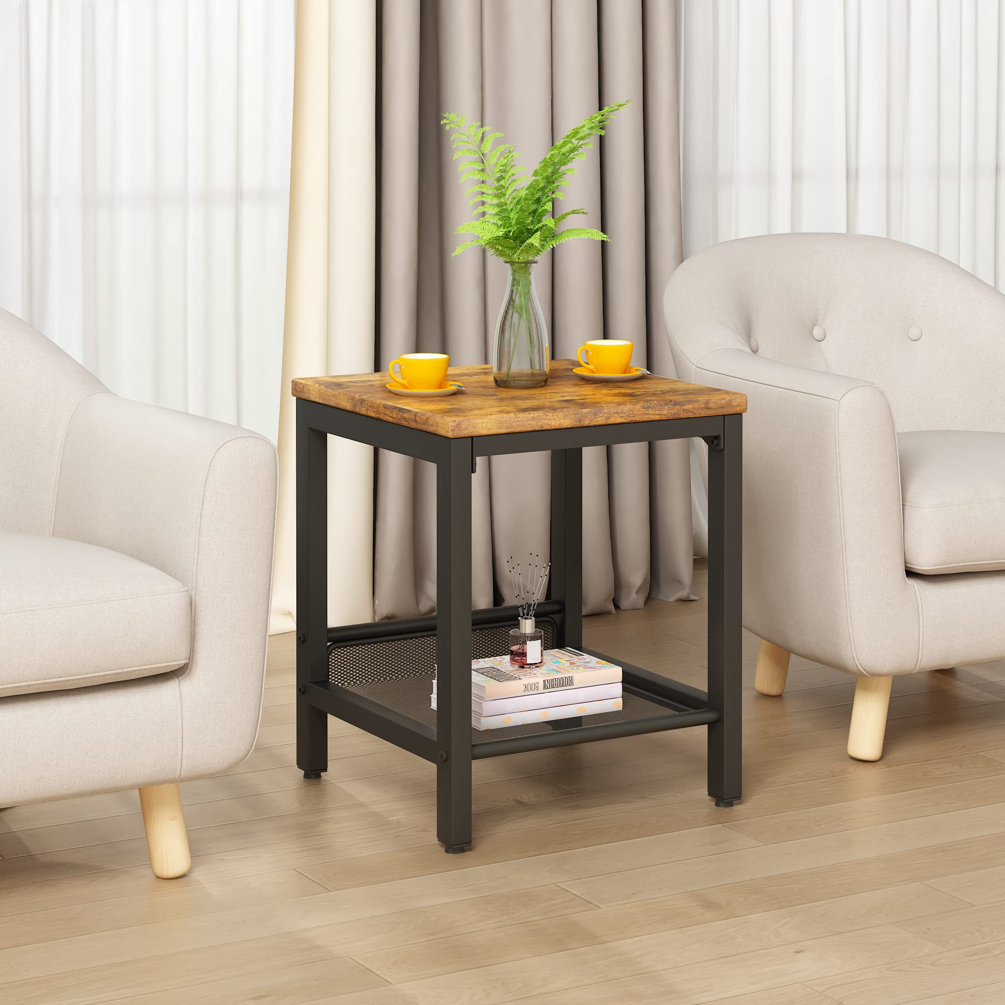 Lamerge 3-Piece Industrial Coffee Table Set with Metal Frame - Rustic Brown Living Room Tables (Coffee Table + 2 Square End Tables) for Apartment, Home Office & Modern Farmhouse Decor | Perfect for Small Spaces, Entertaining Guests & Stylish Home Furnishing