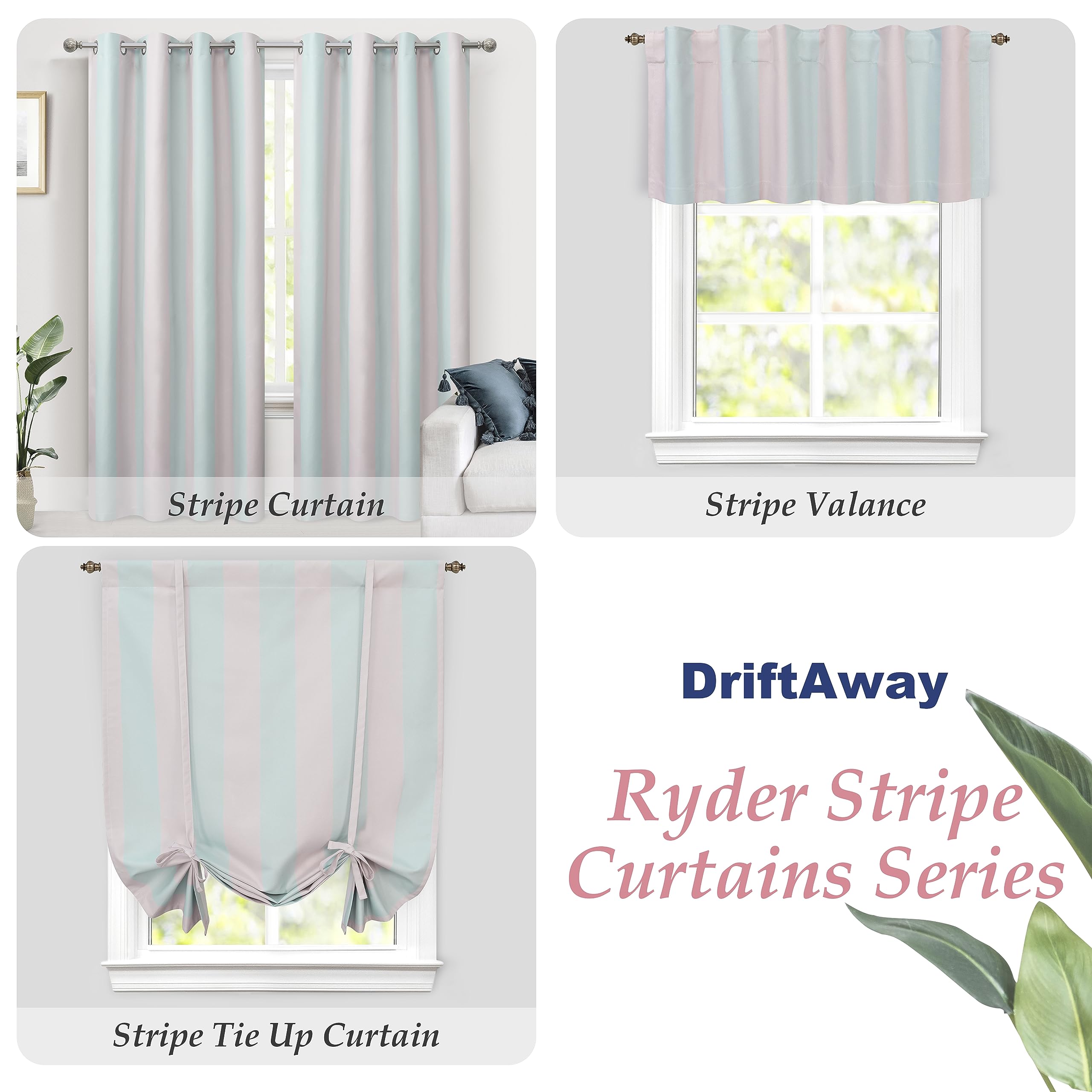 DriftAway Blackout Tie-Up Curtains for Small Windows - 45x63 Inch Thermal Insulated Kitchen Curtain with Stripe Pattern, Adjustable Rod Pocket (Pink & Green) | Perfect for Bedrooms, Living Rooms & Home Decor