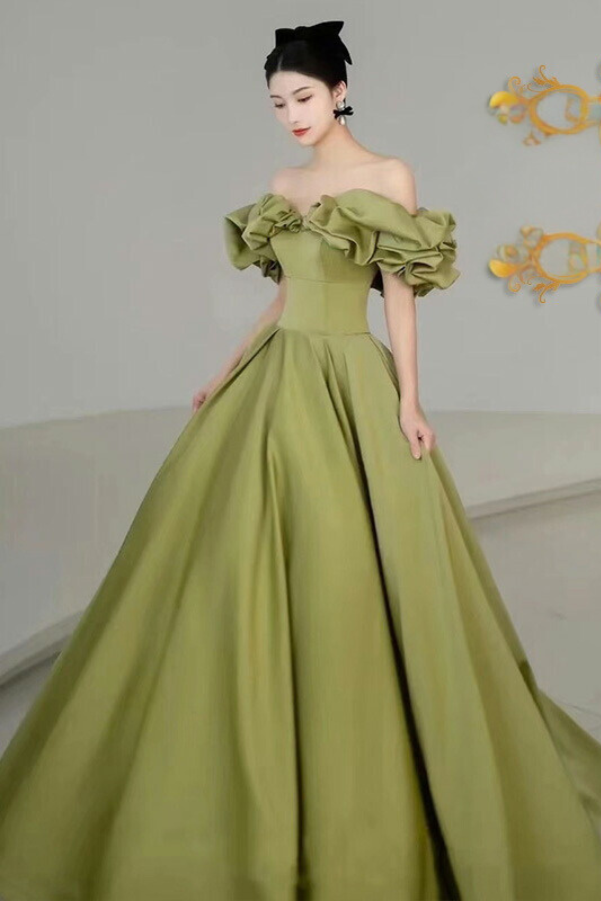Elegant Off Shoulder Satin Green A-Line Dress for Women - Perfect for Cocktail Parties, Weddings & Evening Events