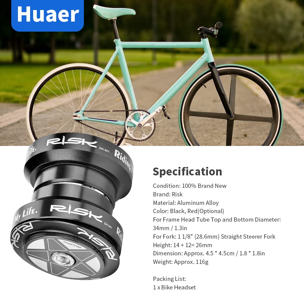 34mm MTB Mountain Bike Headset Set - Aluminum Alloy Bearing Headset for 28.6mm Straight Steerer Fork (Black) | Perfect for Road Bicycles & Mountain Biking Accessories