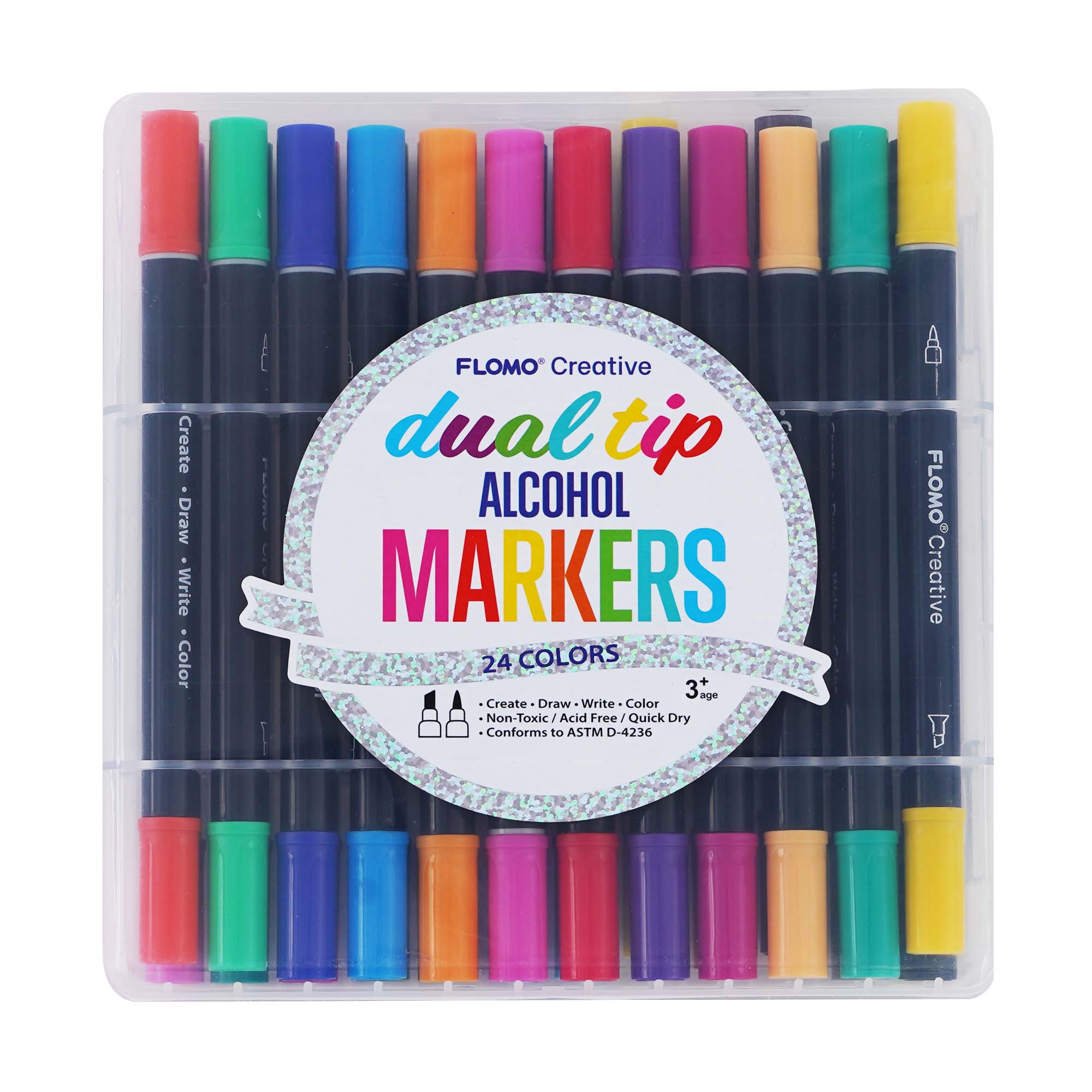 24-Count Dual Tip Chisel & Fine Tip Markers with Black Barrel in Reusable Case - Perfect for Art, Calligraphy, Bullet Journaling & DIY Projects