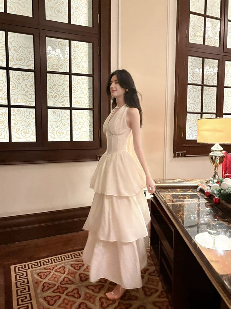 Elegant White Halter A-Line Tiered Prom Dress with V-Neck - Perfect for Evening Gala, Homecoming, and Formal Events | Style J6532