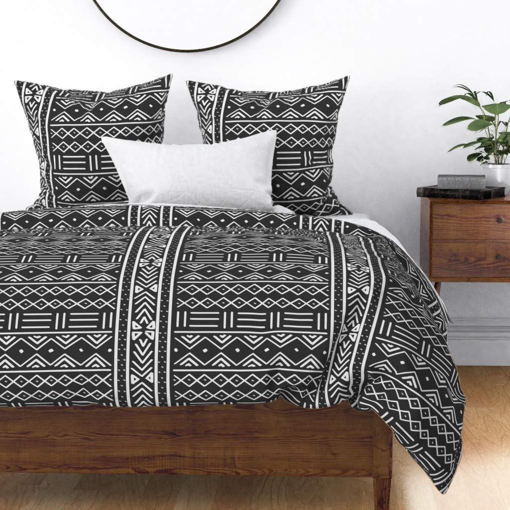 Premium Cotton Sateen Duvet Cover King/California King - Charcoal African Mudcloth Tribal Print Black & White Geometric Design | Custom Luxury Bedding for Modern & Bohemian Bedrooms