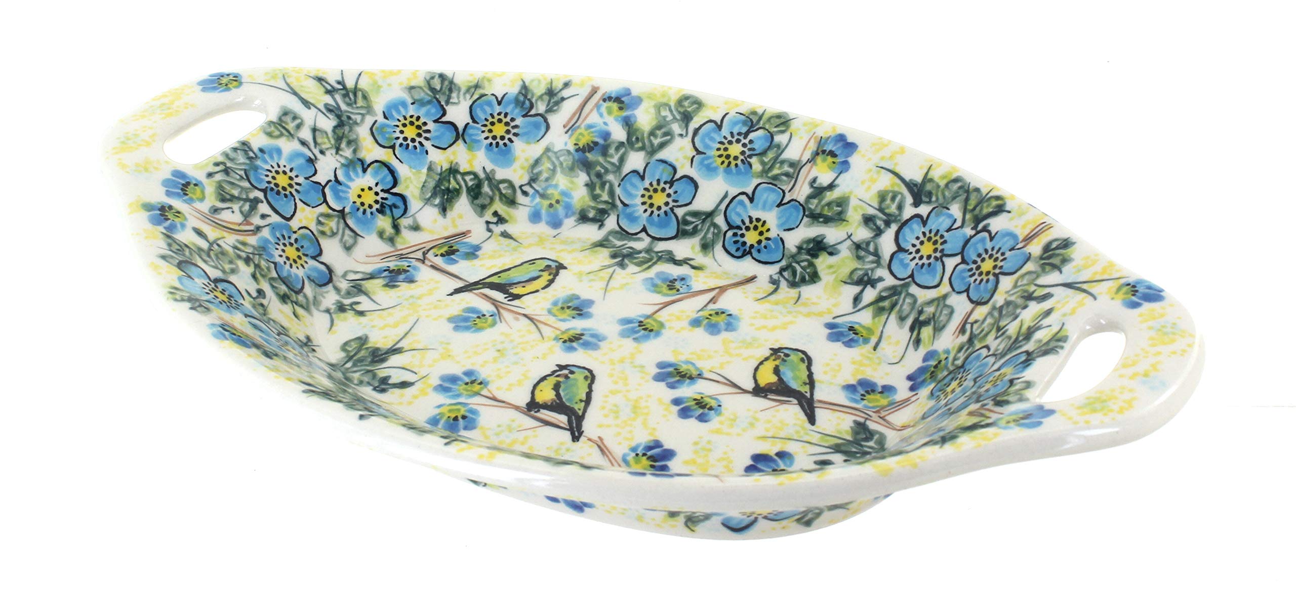 Handmade Blue Rose Polish Pottery Bluebird Bread Tray with Handles - Rustic Farmhouse Serving Platter for Bread, Pastries & Cheese - Perfect for Garden Parties, Tea Time & Country Kitchen Decor