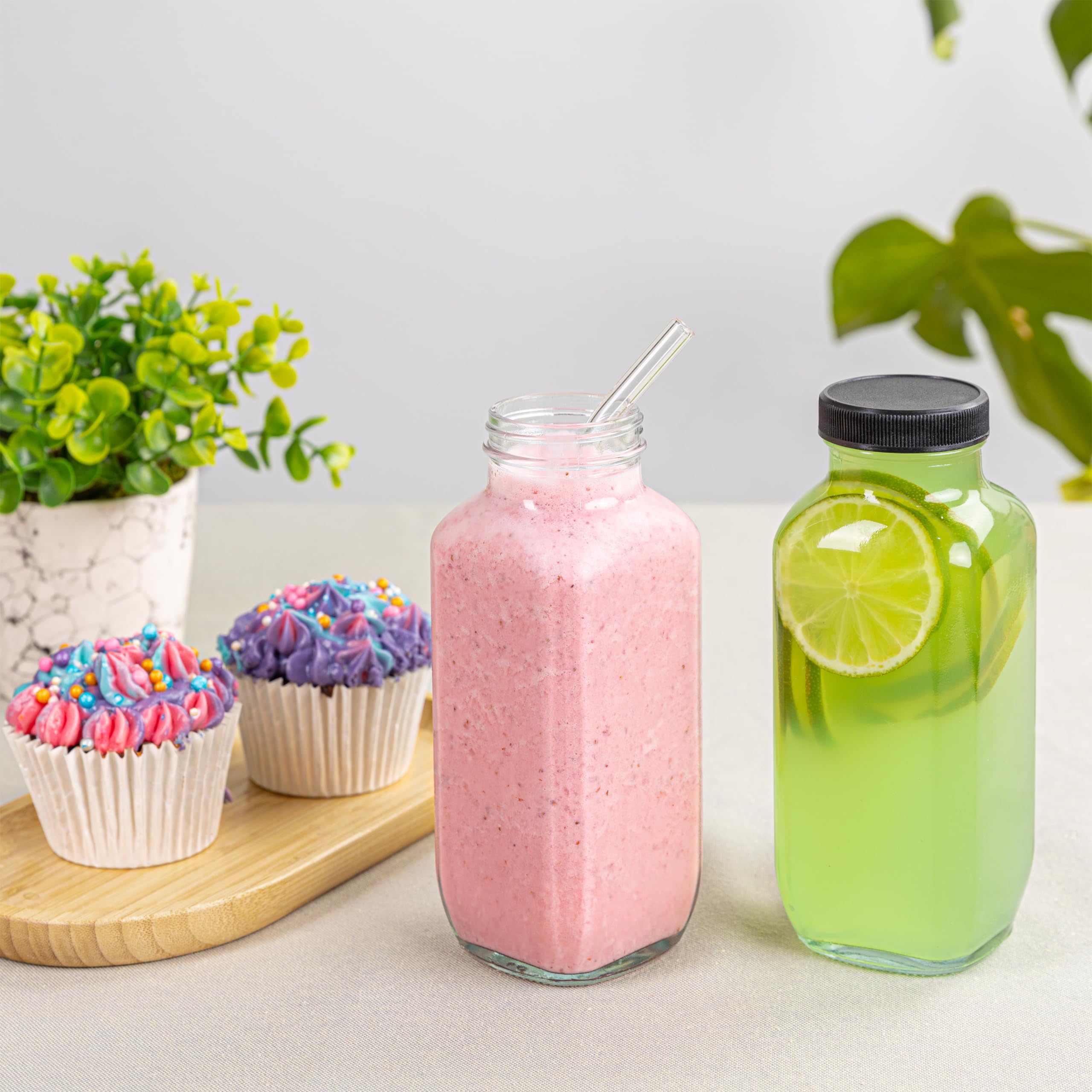 **16 Oz Clear Glass Juice Bottles with Lids - Set of 8 Reusable Drink Containers for Juicing, Smoothies, Water, Milk, Kombucha & Wellness Shots - Perfect for Home, Office & On-the-Go Hydration**