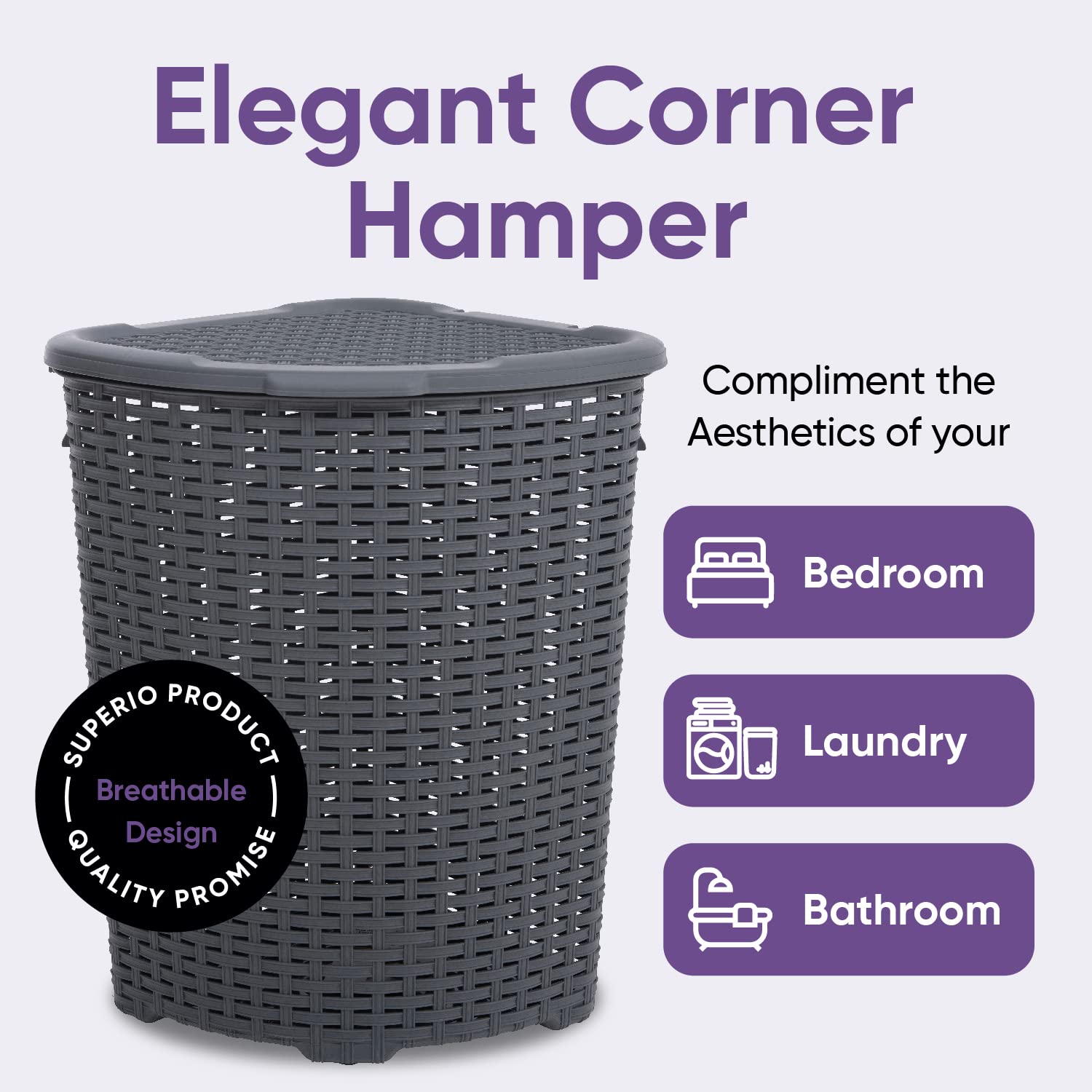Premium 50L Grey Wicker Laundry Hamper with Lid - Durable & Lightweight Corner Basket with Handles - Curved Design for Bathroom, Closet or Door Storage - Perfect for Organizing Dirty Clothes in Small Spaces