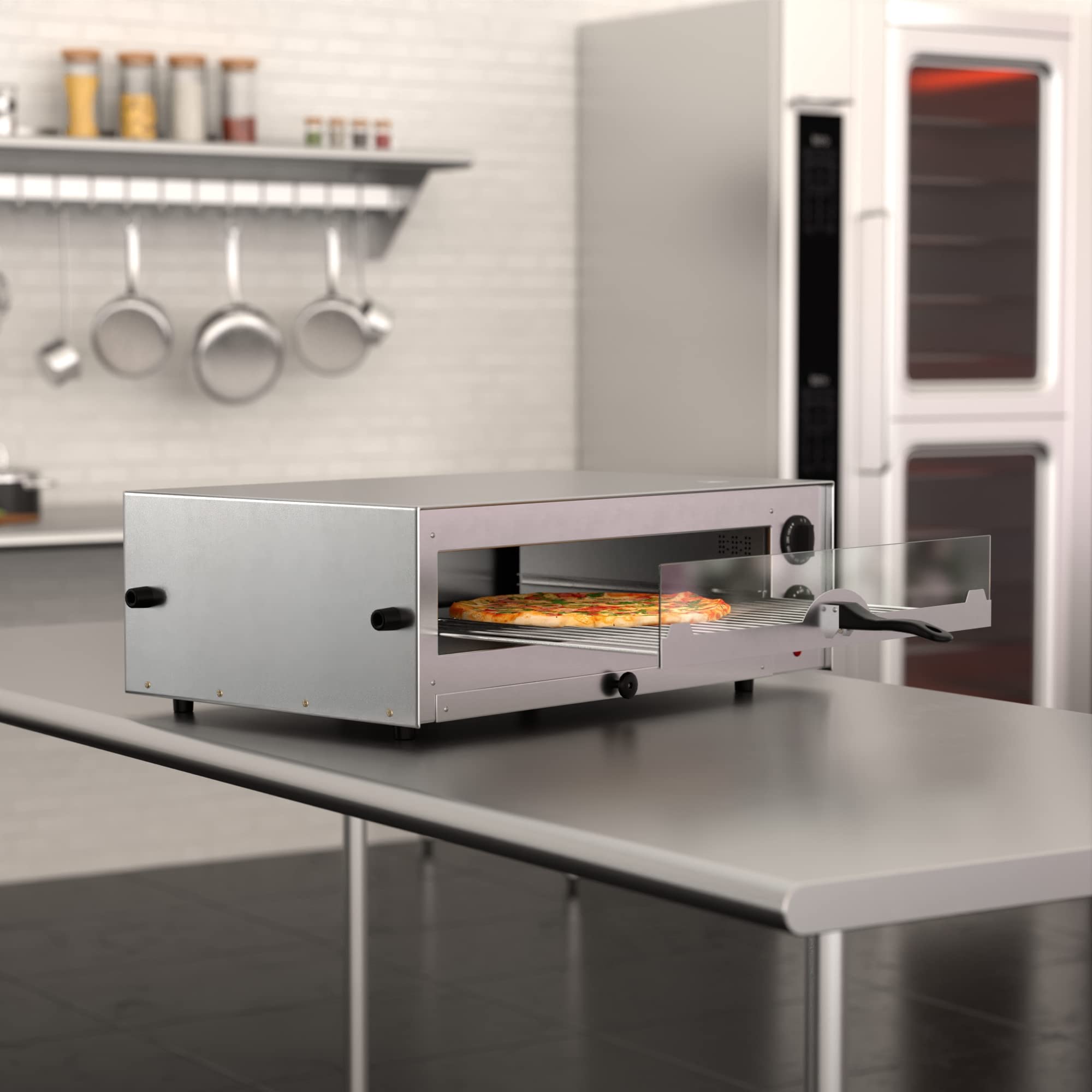 KPO16TSGL Commercial Stainless Steel Countertop Pizza & Snack Oven - Adjustable Thermostat, Glass Door, 120V 1700W - Perfect for Pizzerias, Cafes & Home Kitchen Use