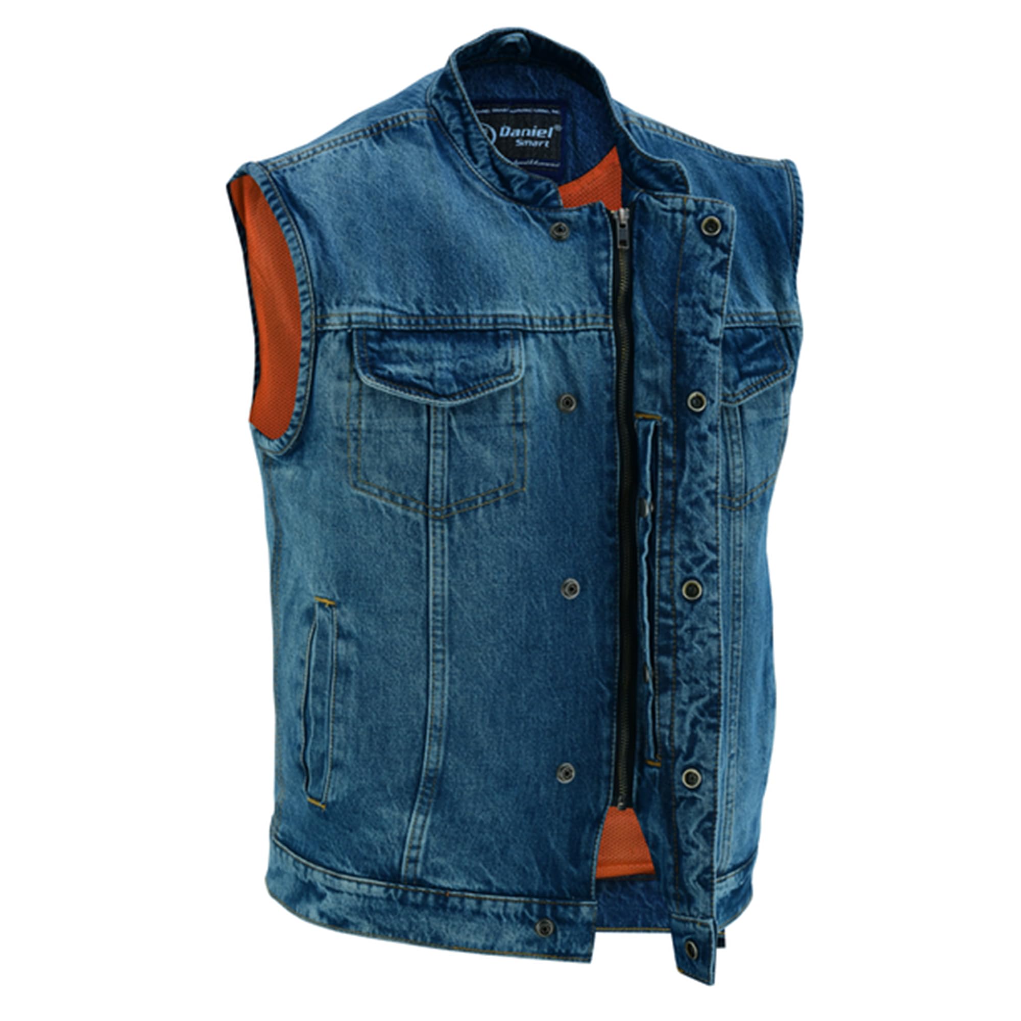 Daniel Smart Men's Denim Vest - Scoop Collar Motorcycle Jacket with Concealed Armory Pockets & Hidden Zipper - Perfect for Biker Outfits, Casual Wear & Outdoor Adventures