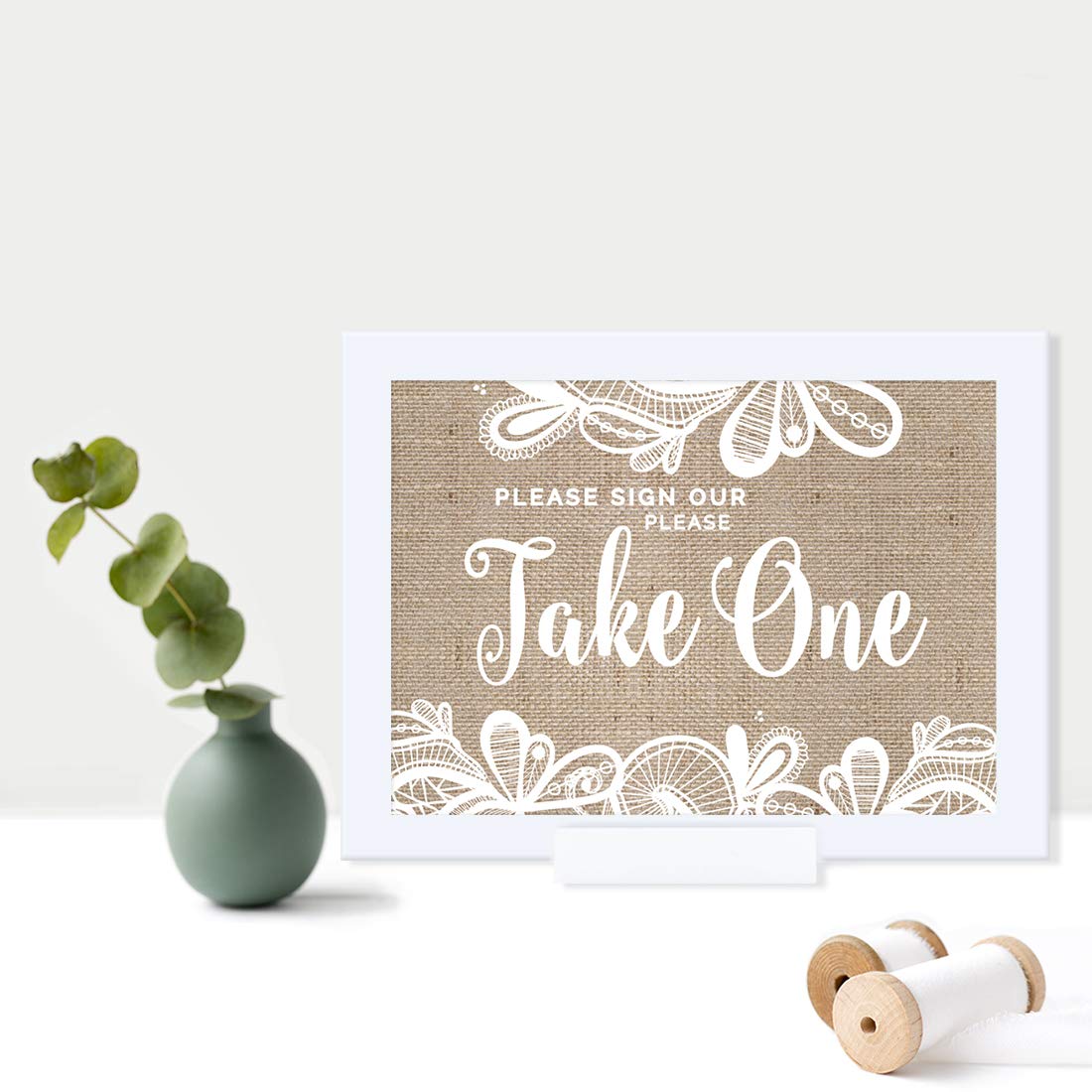 Elegant Andaz Press Wedding Framed Party Signs - 5x7 Inch Burlap Lace Printed Cardstock with Frame - 'Please Take One' Sign for Wedding Reception, Bridal Shower & Anniversary Celebrations