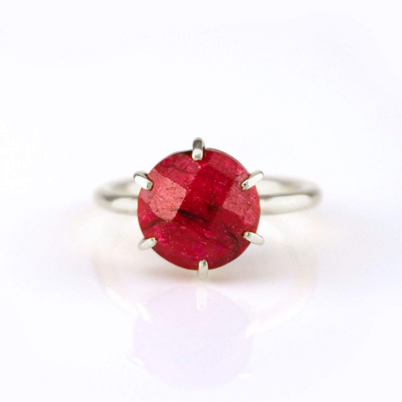 Ruby Ring - Stackable Vermeil Gold or Silver Prong Set Round Ring - July Birthstone Jewelry - Elegant Red Round Ring for Women - Perfect Birthday Gift & Everyday Wear
