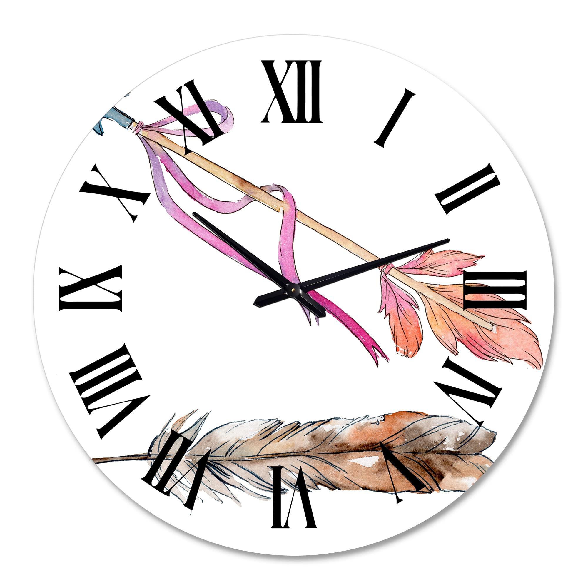 Bohemian Eclectic Wall Clock - Pink Bird Feather Design, Large Animal-Themed Clock for Kitchen, Living Room & Bedroom Decor | Unique Home & Office Wall Art