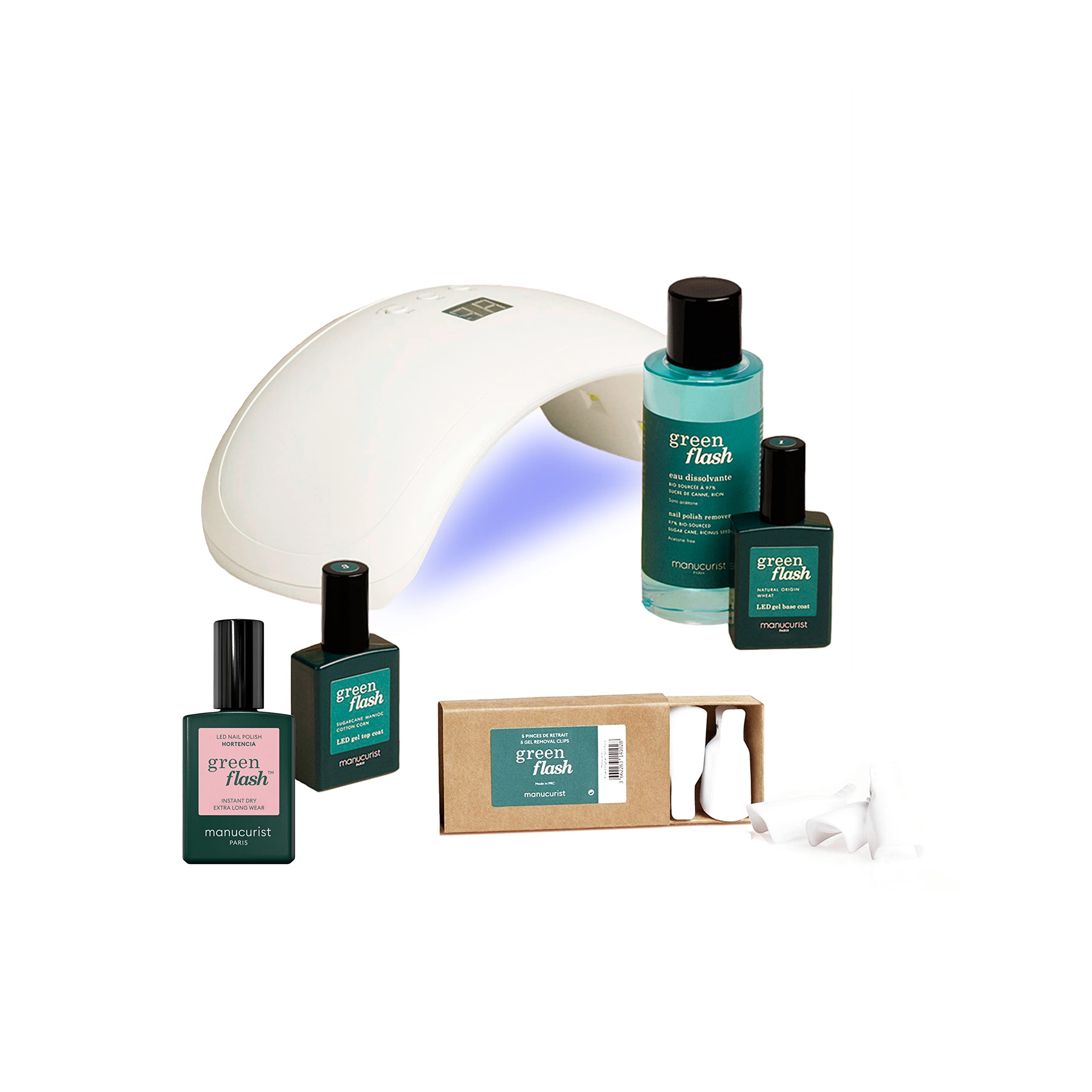 MANUCURIST Green Flash Premium LED Gel Nail Polish Kit - 36W LED Nail Lamp, Base Coat, Top Coat, Hortencia Polish, Vegan Gel Polish Remover & Nail Clips | Professional At-Home Manicure Set for Salon-Quality Nails