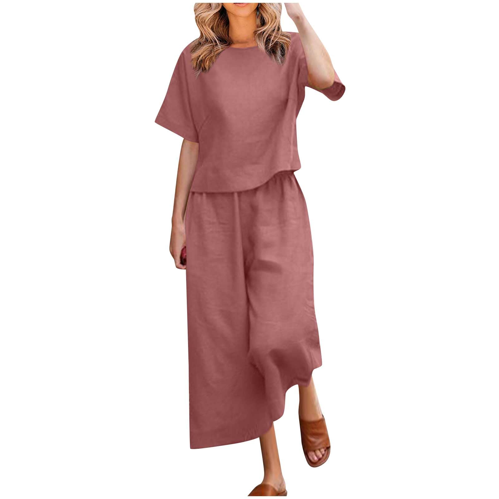 Rkwins Women's 2-Piece Linen Outfit Set - Summer Casual Short Sleeve Top & Wide Leg Pants Jogger Set | Breathable Comfort for Beach, Travel & Lounge Wear