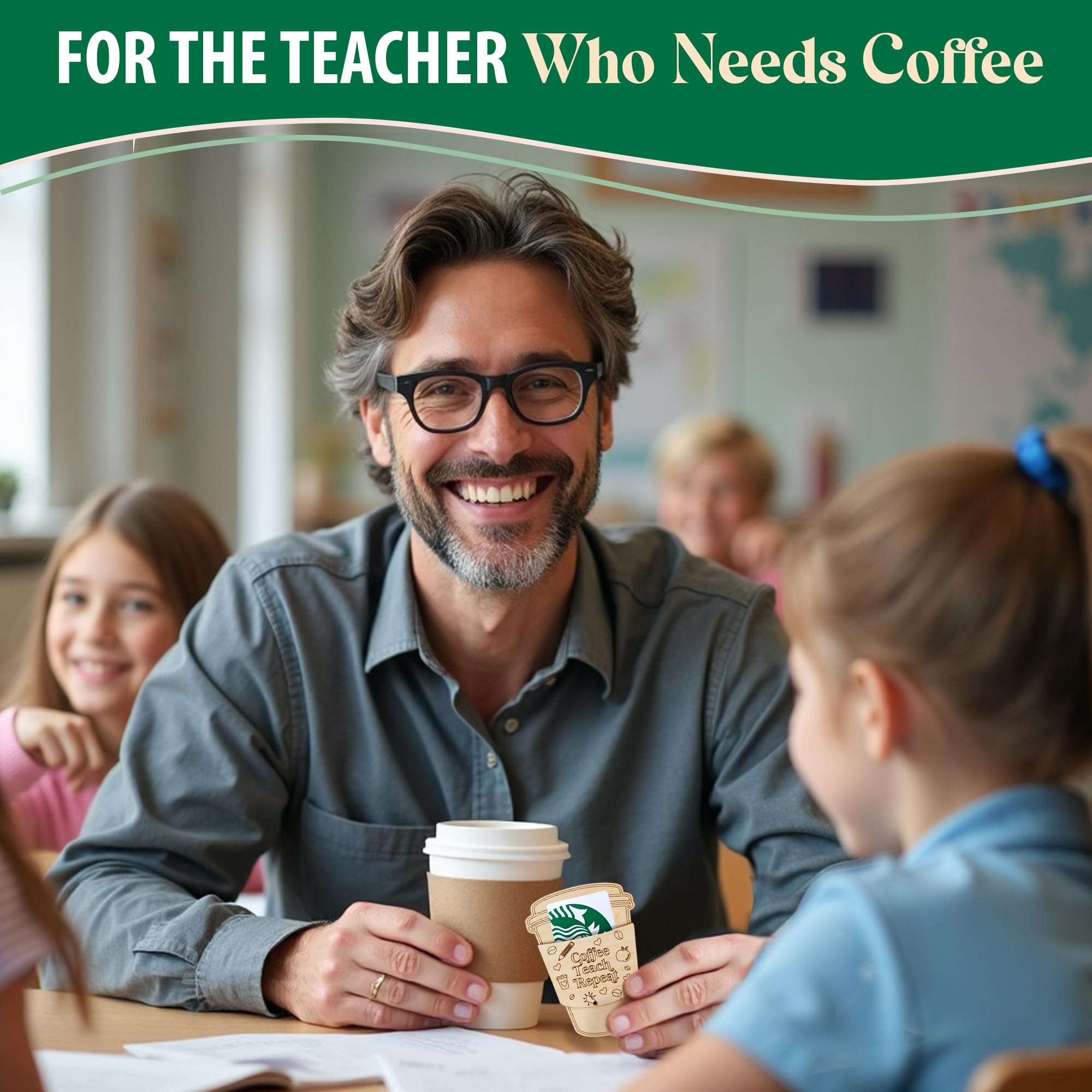 Teacher Gift Card Holder - Coffee Teach Repeat - Sturdy Plywood for Women & Men - Perfect for Teacher Appreciation & End of Year