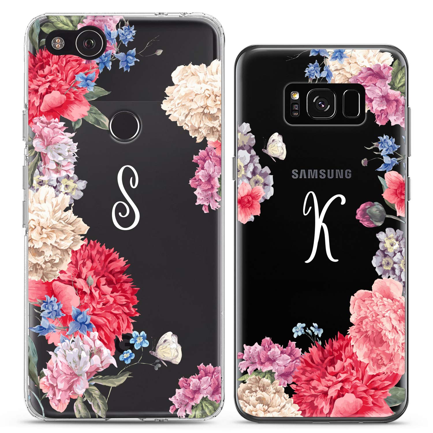 Matching Couple Phone Cases for iPhone 16/15/14/13/12/11 Pro Max/Mini/XS/X/8 Plus/7+/XR/10/SE/5 - Floral Spring Flowers Design Pink Silicone Cover - Personalized Gift for Couples, Besties & Women - Perfect for Valentine's Day, Anniversaries & Everyday Use