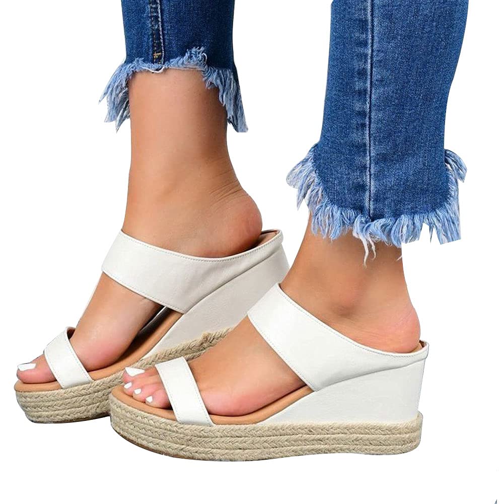 2021 New Women's Platform Open Toe Espadrille Wedge Sandals - Beach Casual Summer Fashion Shoes with Shallow Heel for Outdoor Dress & Vacation, White, Size 6 | Perfect for Beach Walks, Date Nights & Summer Parties