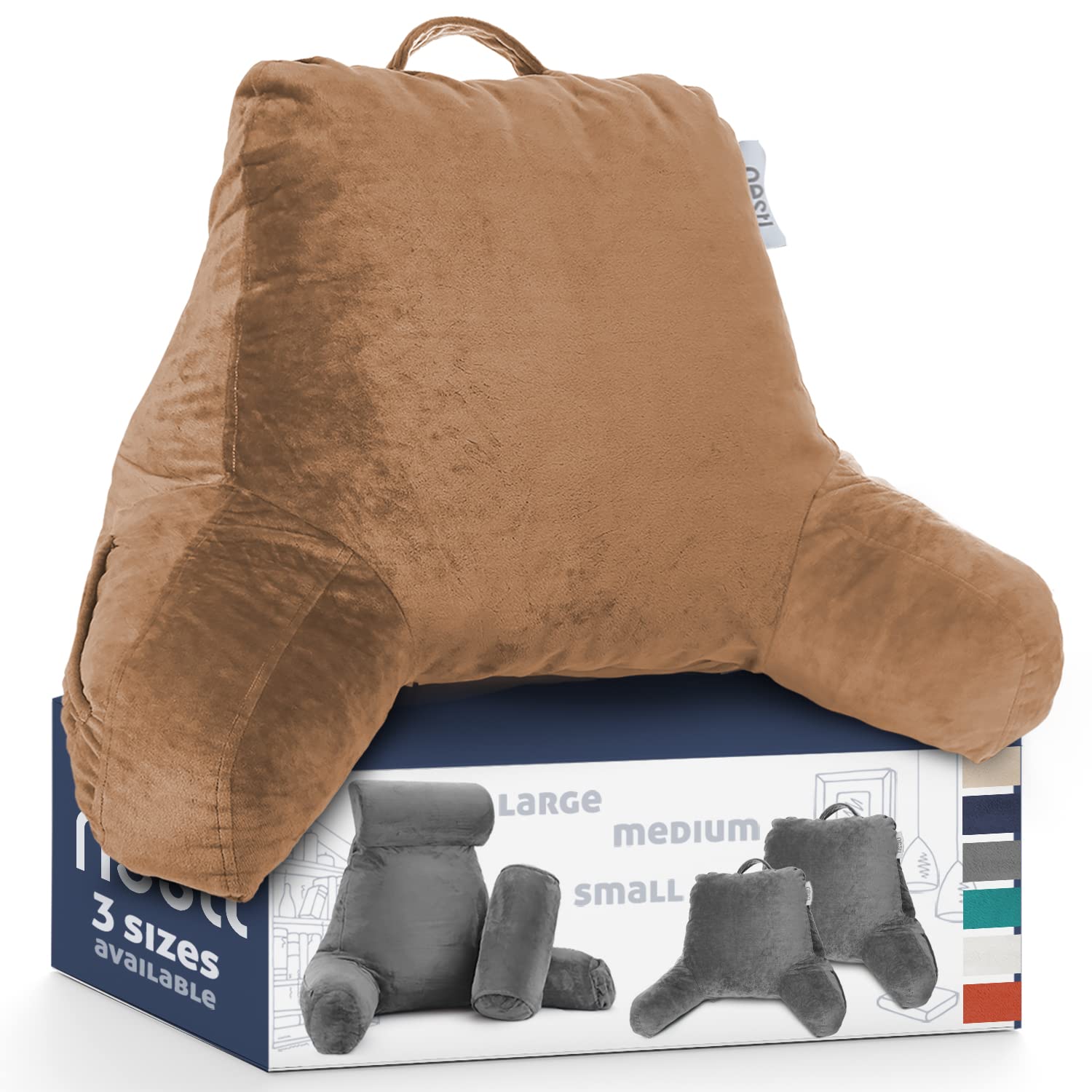 Nestl Reading Pillow with Shredded Memory Foam - Standard Bed & Back Support Pillow for Sitting, Reading & Relaxing in Bed - Mocha Brown Chair Pillow with Pockets (Perfect for Bed Rest, Arm Support & Cozy Reading Sessions)