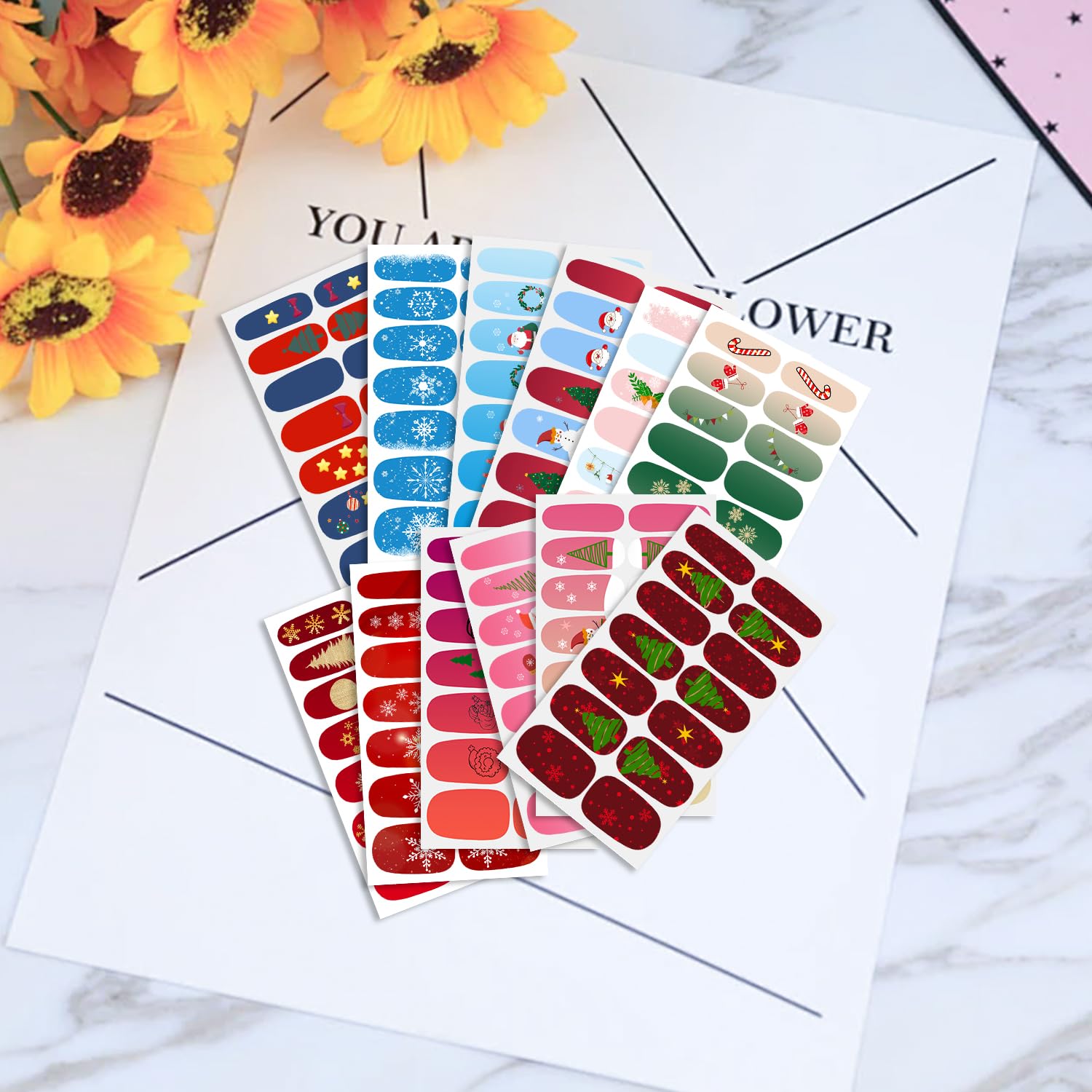 WOKOTO 12 Sheets Christmas Nail Stickers - Full Nail Wraps for Holiday Gel Nail Polish Strips (Santa, Christmas Tree, Snowflake Designs) - Perfect for Women & Girls Christmas Parties, Gift Exchanges & Festive Nail Art