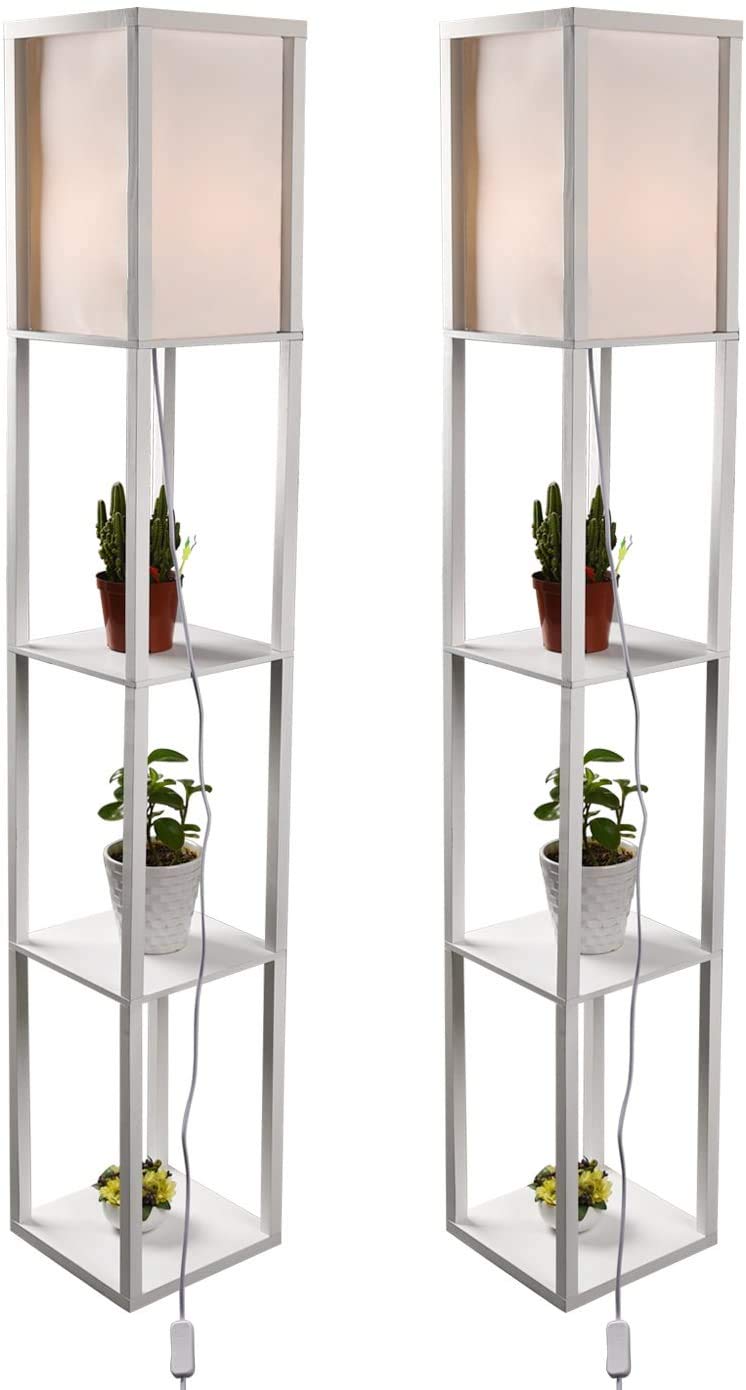 2-Pack White Shelf Floor Lamps with White Fabric Shades & Solid Wood Frame - Modern Standing Lamps for Living Room, Bedroom, or Office (Bulbs Not Included)