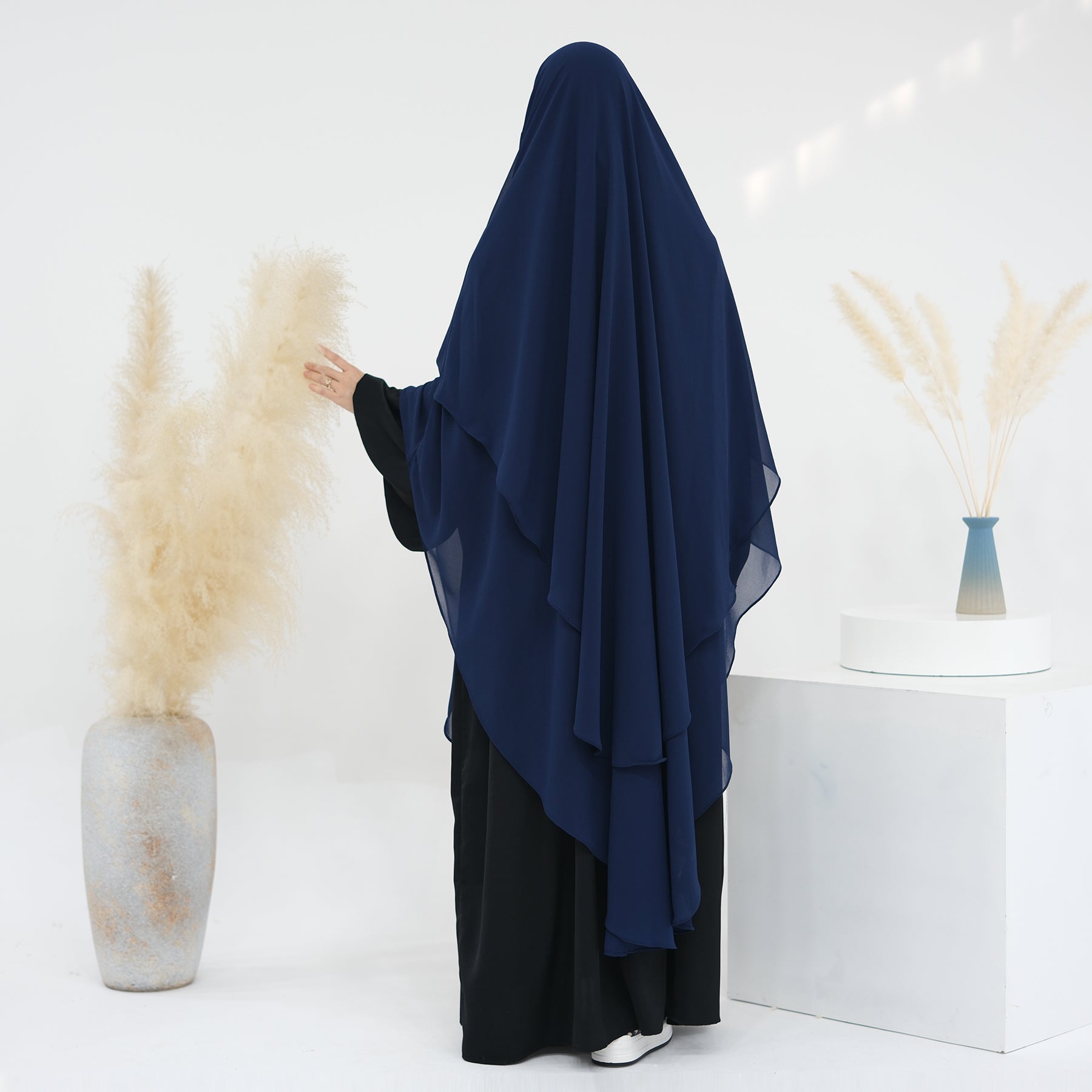 2 Layer Maxi Chiffon Khimar Scarf - Navy Blue Muslim Prayer Hijab Shawl for Women - Perfect for Daily Wear, Prayer & Special Occasions