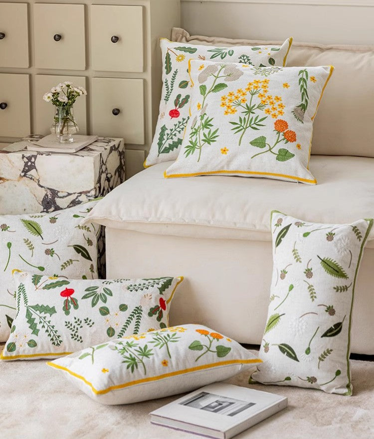 Farmhouse Style Embroidered Floral Cotton Pillow Covers - Decorative Throw Pillows for Sofa, Couch & Living Room - Spring Floral Home Decor Accent Pillows for Farmhouse, Boho & Rustic Interiors