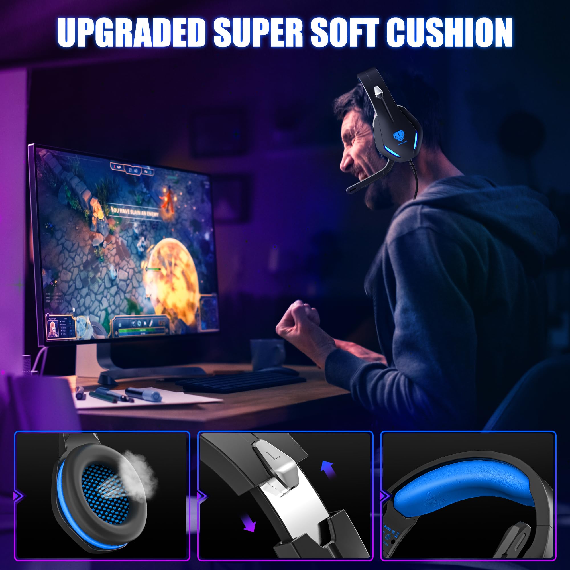 Stynice Gaming Headset with Microphone for Xbox One/PS4/PS5/PC - Stereo Surround Sound Wired Headphones with LED Lights & Noise Cancelling - Perfect for Online Gaming, Streaming & Esports Tournaments