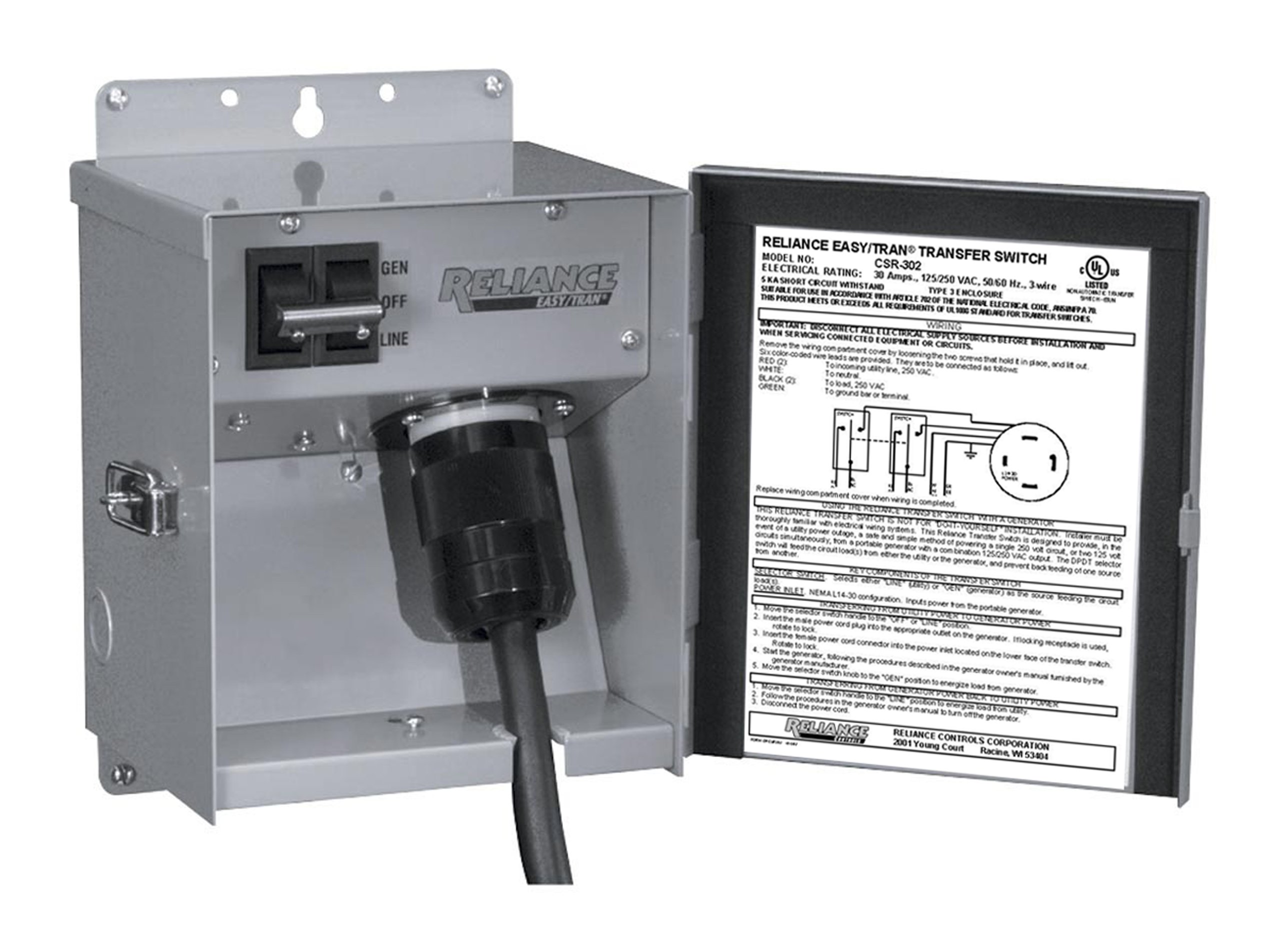 Reliance Controls CSR202 Easy/Tran Generator Transfer Switch Kit - 10-Circuit, 120/240V for Home Backup Power During Outages