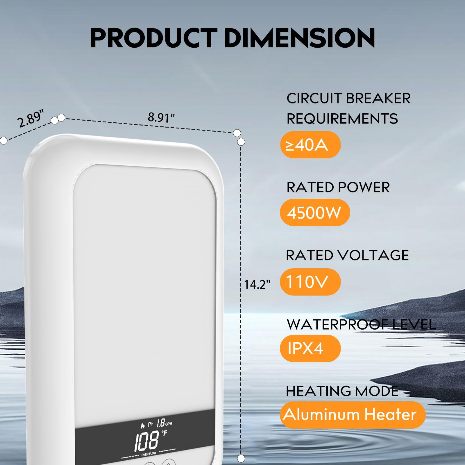 4500W Tankless Electric Water Heater 110V - Instant On-Demand Hot Water System with LCD Touch Screen for Under Sink Installation (White) - Perfect for Small Apartments, RVs, and Office Break Rooms