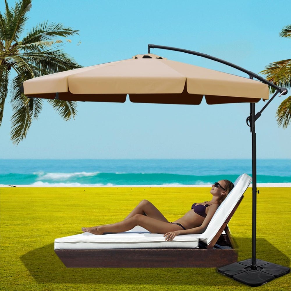 3M Outdoor Cantilever Umbrella with Heavy Duty Base - Beige Patio Umbrella for Garden, Beach, and Poolside Use - Wind Resistant Sun Shade for Outdoor Relaxation