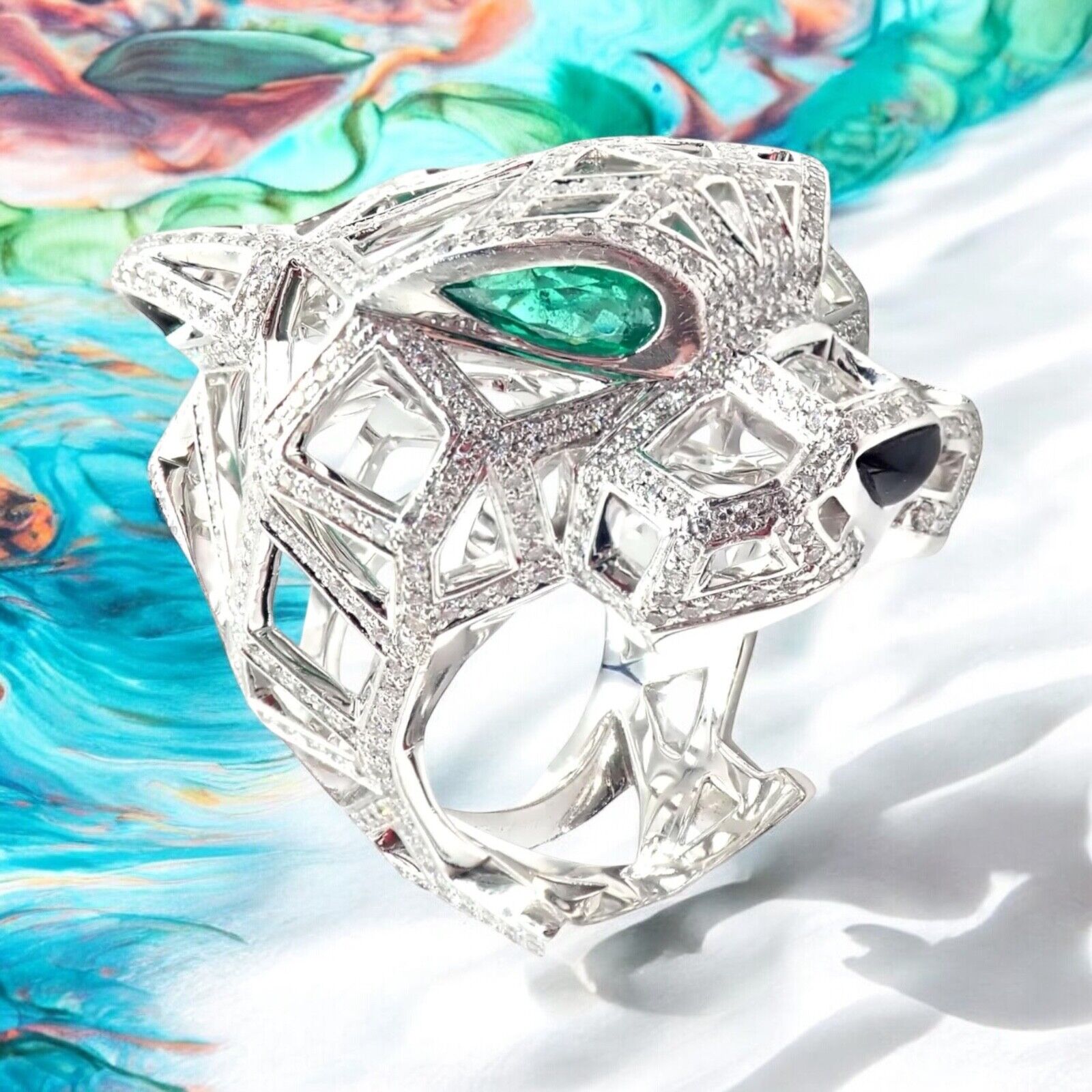 Cartier Panther Panthere 18k White Gold Emerald & Diamond Ring Size 54 - Luxury Jewelry for Women, Elegant Gift for Anniversary & Special Occasions