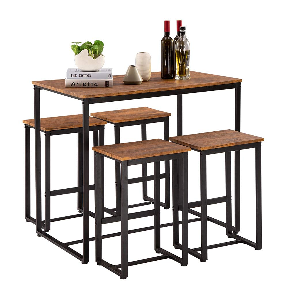 SSLine 5-Piece Bar Table and Chair Set - Rustic Eucalyptus Wood Pub Height Dining Set with 4 Stools, Counter Height Kitchen Table for Breakfast Nook, Small Space Dining & Entertaining
