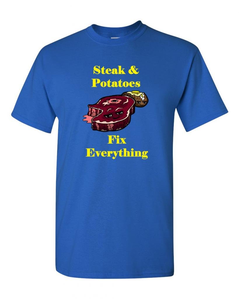 Funny Steak and Potatoes Fix Everything Adult T-Shirt - Comfortable Cotton Tee for Casual Wear, Gifts & BBQ Parties