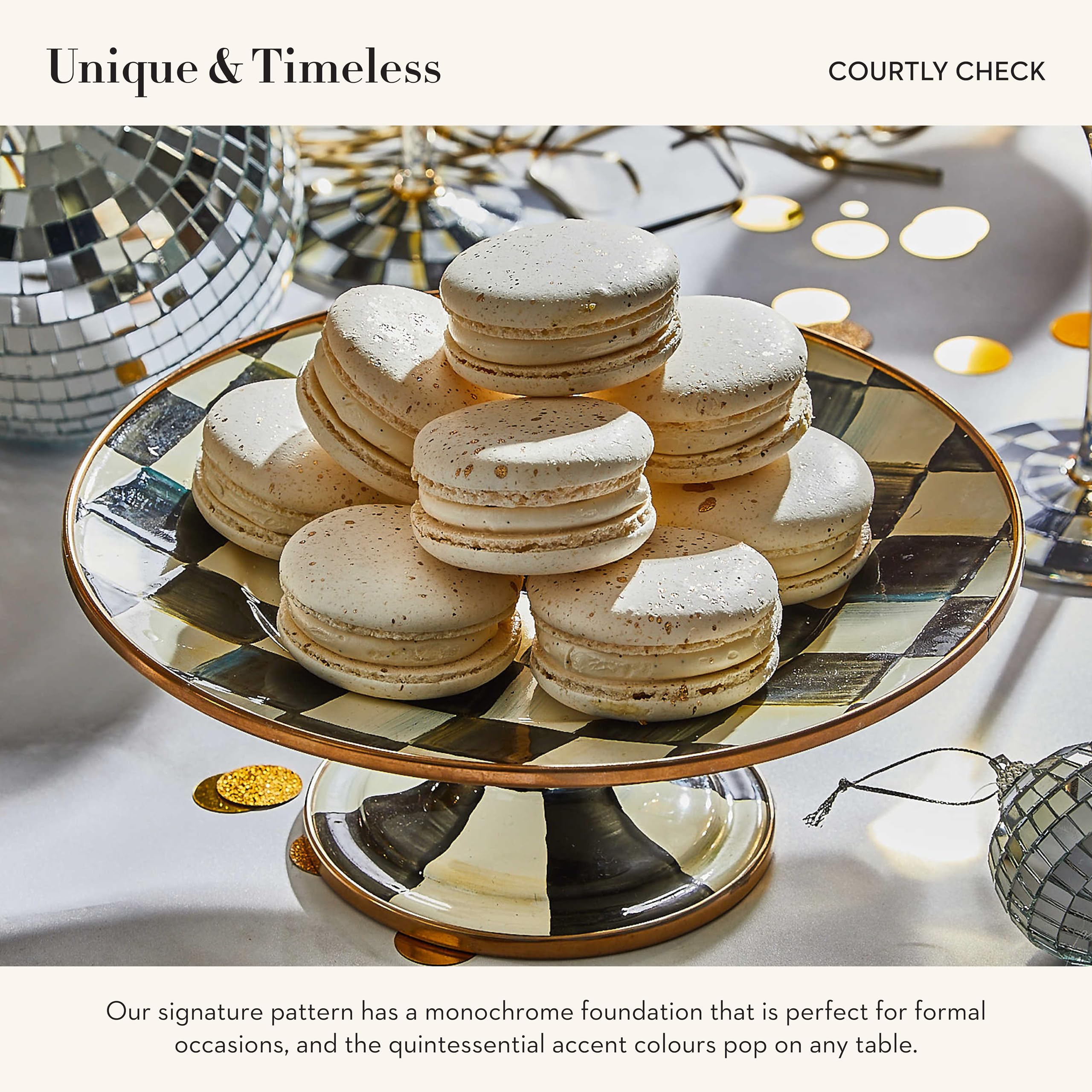 MACKENZIE-CHILDS Black and White Enamel Pedestal Platter - Round Cake Stand for Desserts, Mini Size, Elegant Courtly Check Pattern - Perfect for Tea Parties, Wedding Receptions & Home Decor