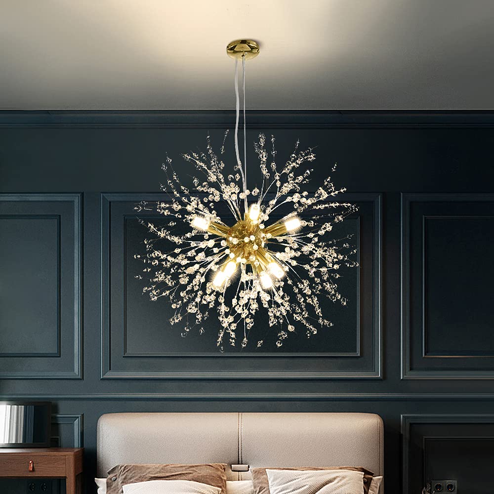 Qamra Modern Gold Crystal Chandelier - Firework Dandelion Sputnik Pendant Light Fixture for Living Room, Dining Room, Bedroom, Kitchen (8-Light, Gold) | Elegant Ceiling Lighting for Home Decor, Wedding Venues & Luxury Hotels