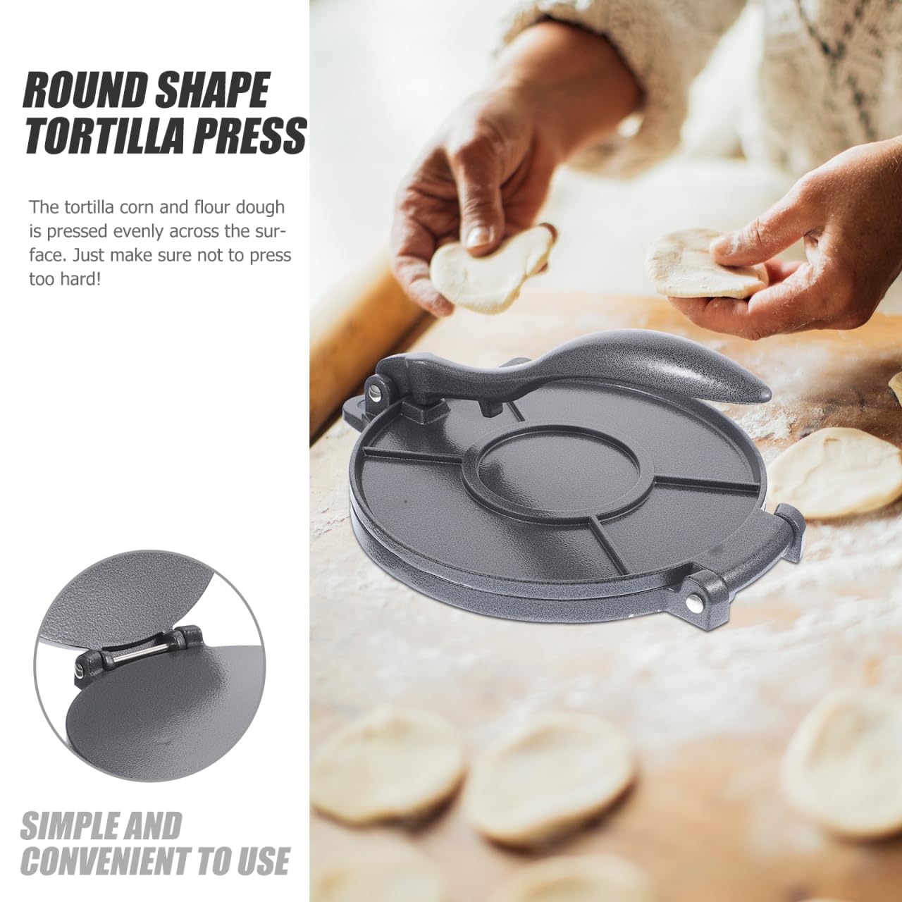 8 Inch Folding Aluminum Tortilla Press - Dough Press for Quesadillas, Empanadas, Roti & Pie - Grey - Perfect for Home Cooking, Baking & Mexican Cuisine