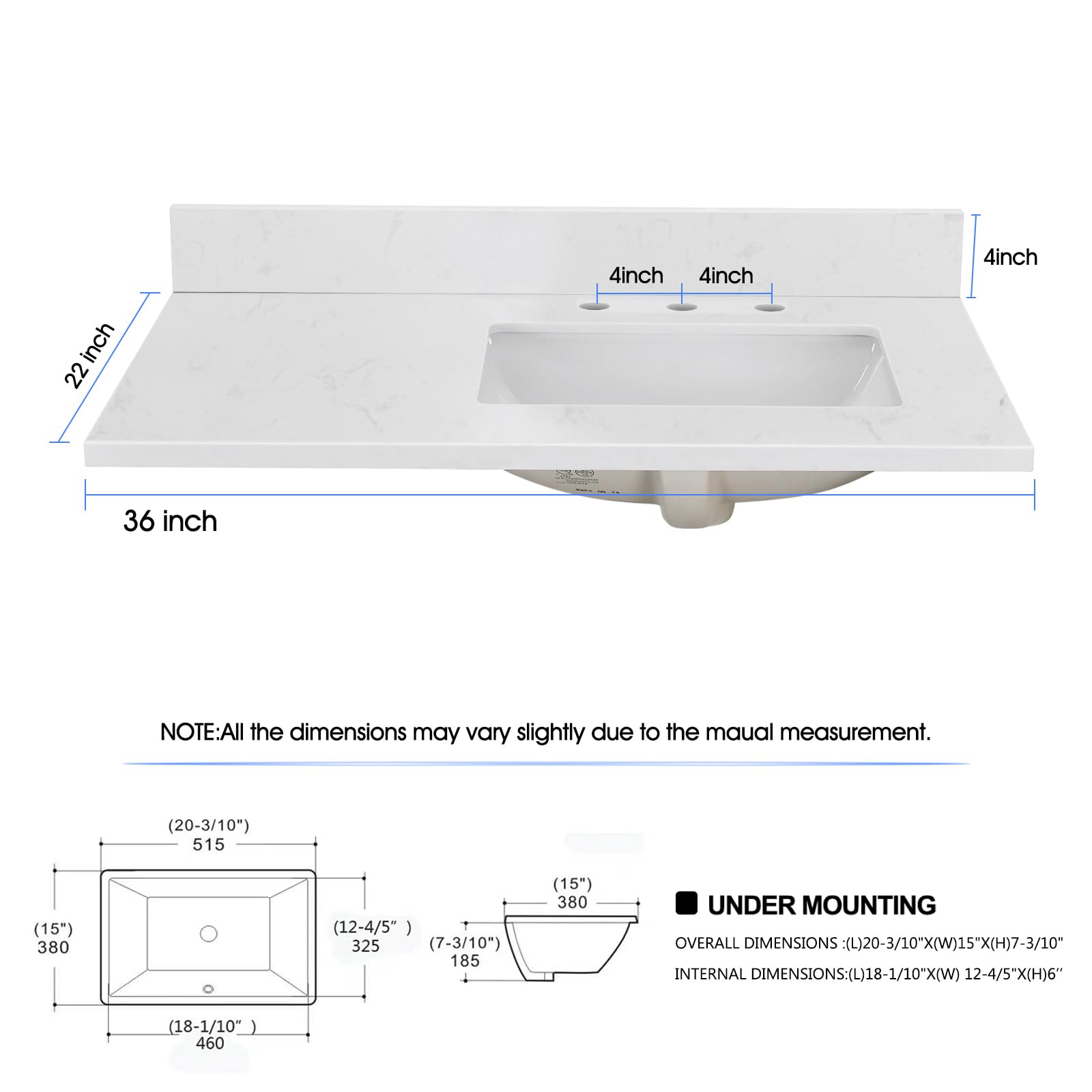 36 Inch Vanity Sink Top - Engineered Stone Composite Bathroom Vanity Top with Rectangular Right Offset Sink in Ariston White | Includes 8