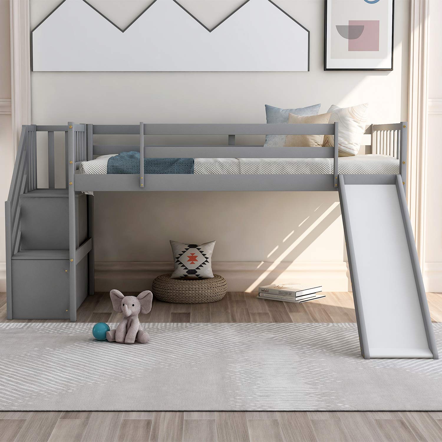Convertible Twin Size Solid Wood Loft Bed with Fun Slide & Storage Staircase - Kids & Teens Low Bunk Bed with Safety Guardrail & Reinforced Wood Slats (Grey) - Perfect for Small Bedrooms, Playrooms & Dorm Rooms