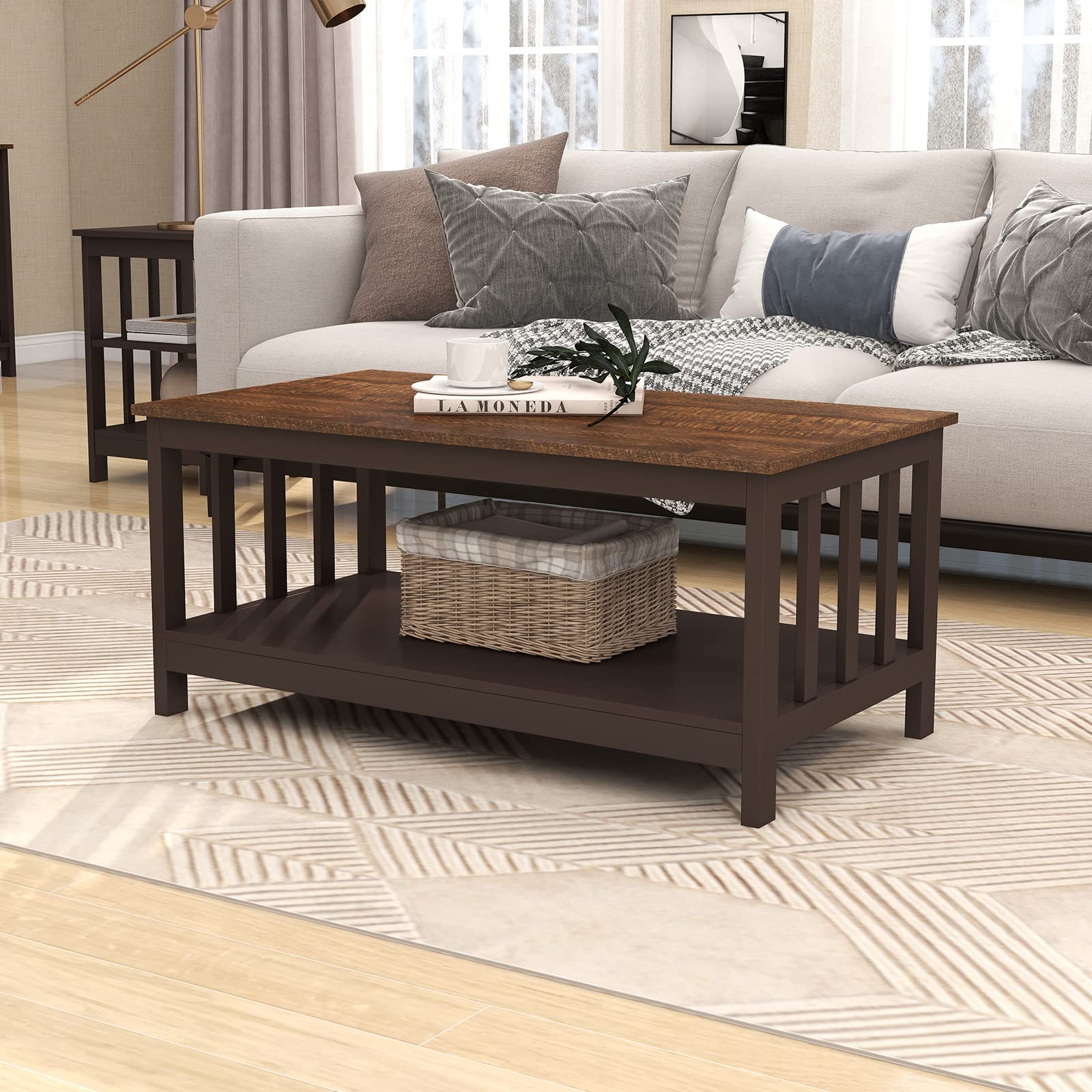 ChooChoo Farmhouse Coffee Table - 40 Inch Rustic Espresso Wooden Living Room Table with Lower Shelf | Perfect for Farmhouse Decor, Small Spaces & Cozy Gatherings