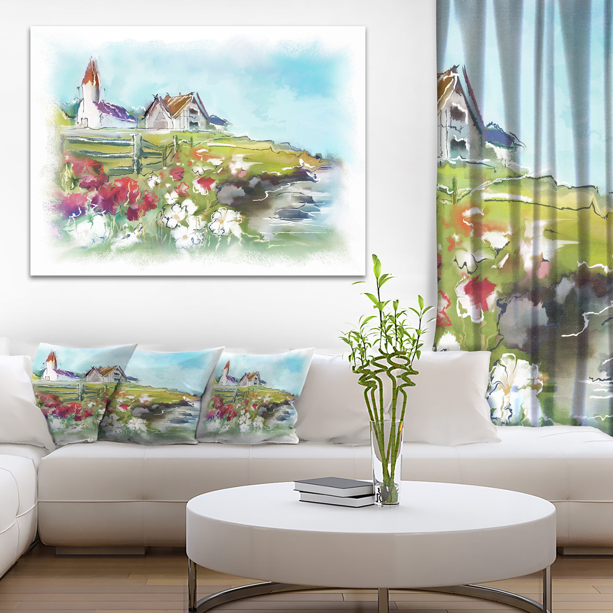 Green Meadow Landscape Painting - Buildings in Nature Canvas Print Wall Art for Living Room, Bedroom & Office Decor