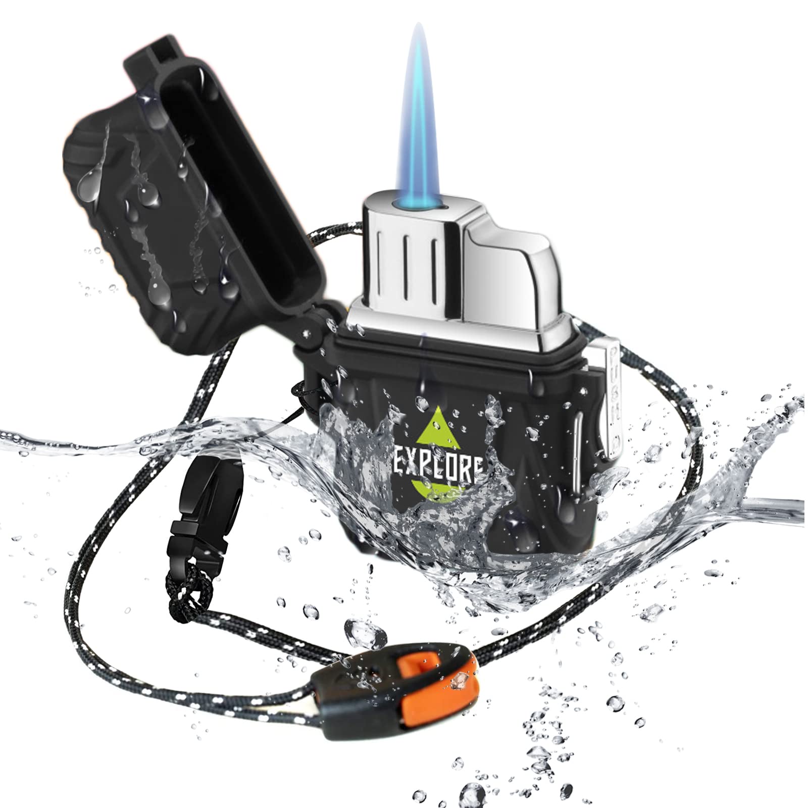 Jet Flame Torch Lighter - Windproof & Waterproof Refillable Butane Lighter with Lanyard Whistle - Perfect for Outdoor Camping, Fishing, BBQ & Adventure - Great Men's Gift (Black) - Ideal for Lighting Candles, Cigars & Campfires