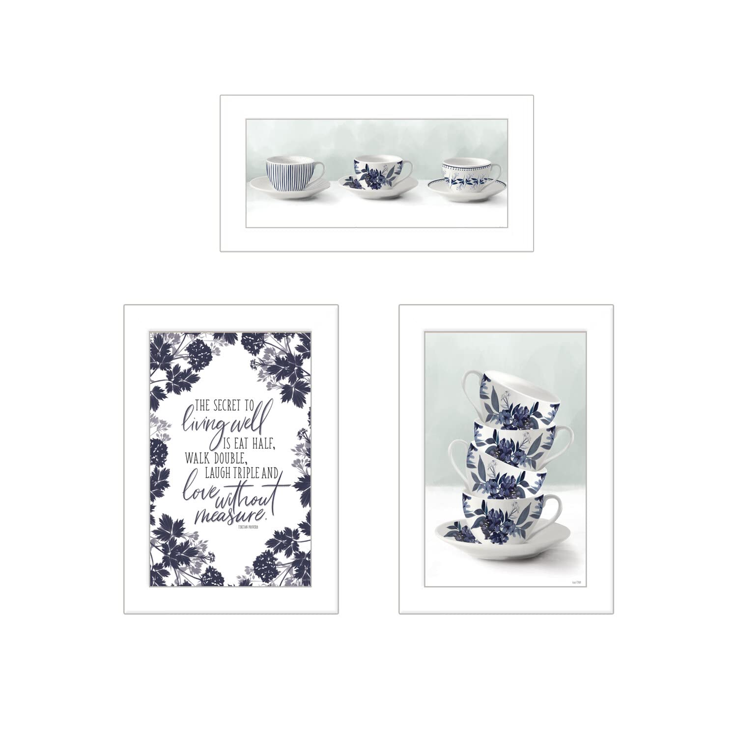 Artisan House Fenway White Framed Tea Tower Set with Cups & Saucers - 3-Piece Multi-Color Vignette Print | Perfect for Afternoon Tea, Kitchen Decor & Gift Giving