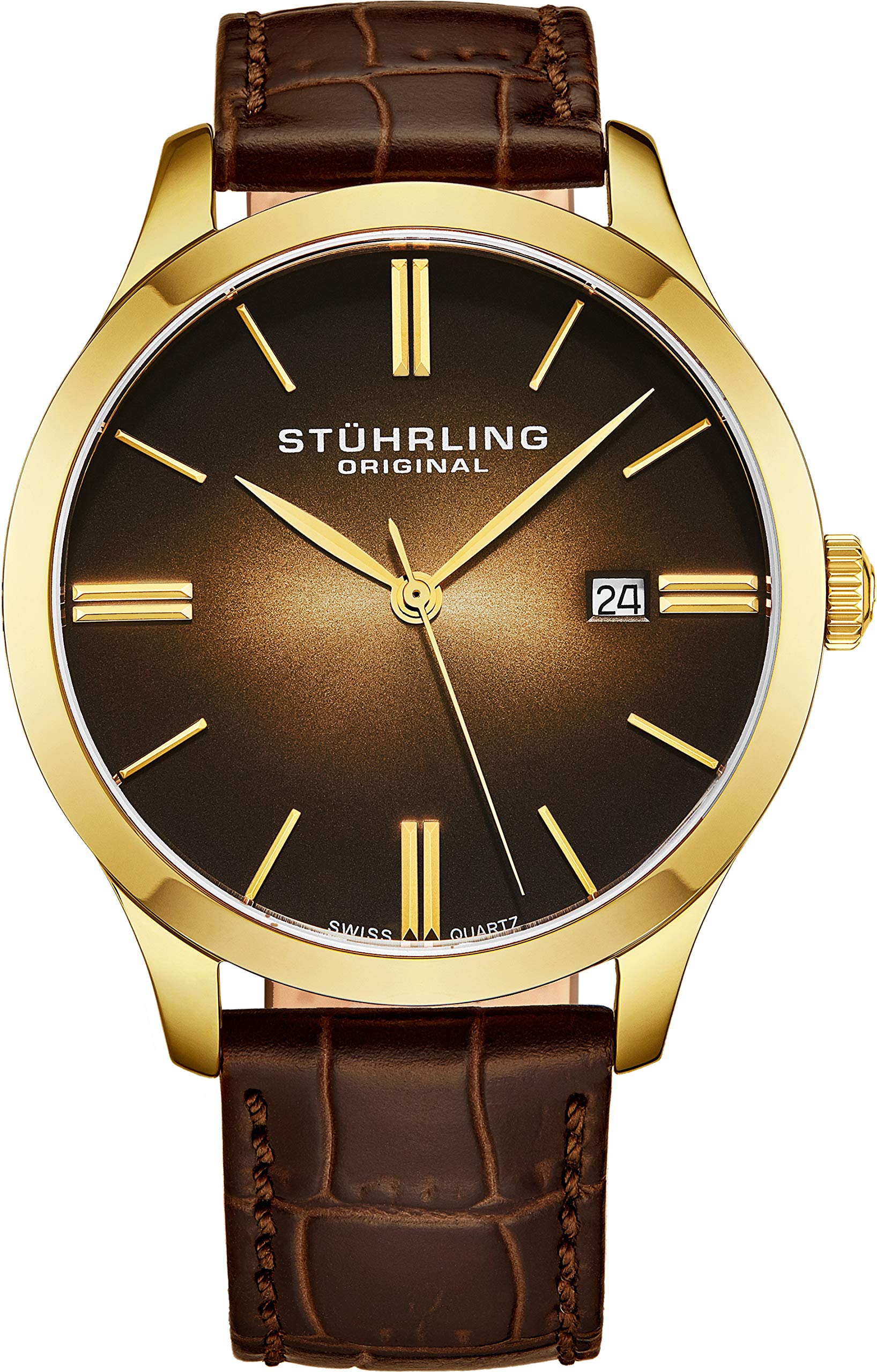 Stuhrling Classic Cuvette II Men's Watch - Swiss Quartz Analog with Leather Strap for Business & Casual Wear