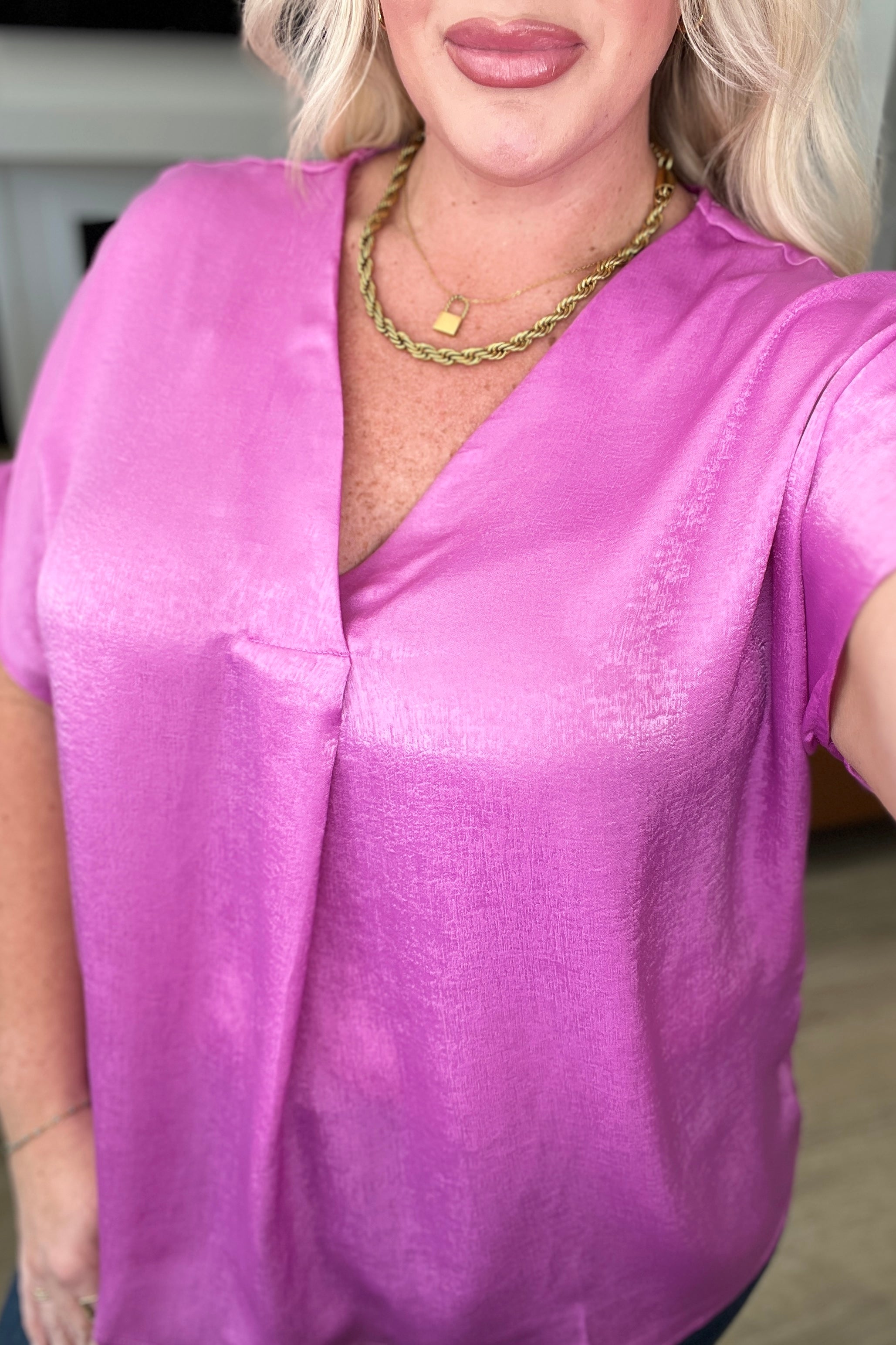 Stylish Pleat Front V Neck Top in Spring Orchid - Perfect for Casual Outings, Office Wear & Spring Fashion