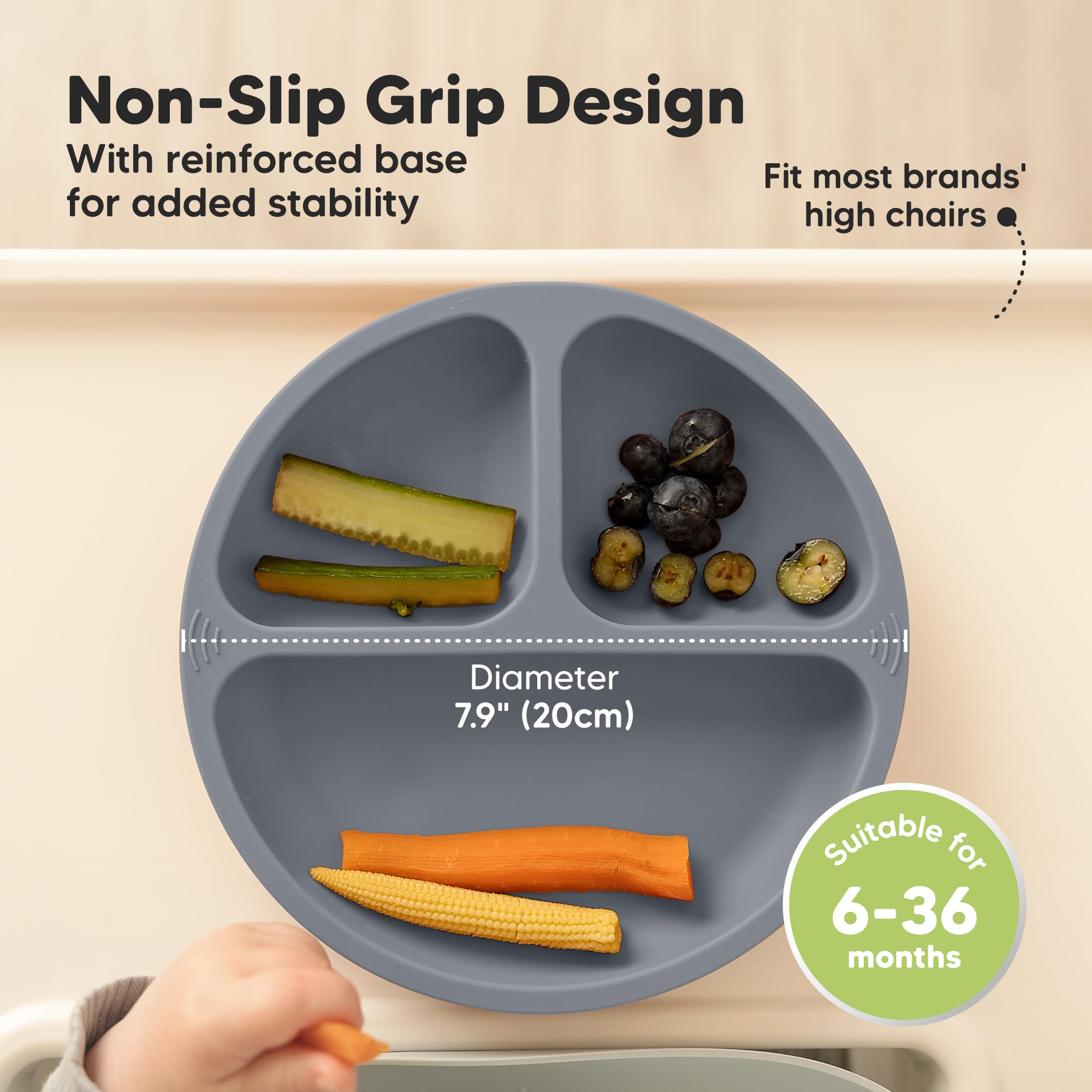 KeaBabies 3-Pack Silicone Suction Plates for Babies & Toddlers - BPA-Free, Microwave & Dishwasher Safe Divided Baby Plates with Strong Suction | Perfect for High Chairs, Travel & Mess-Free Mealtime (Slate)