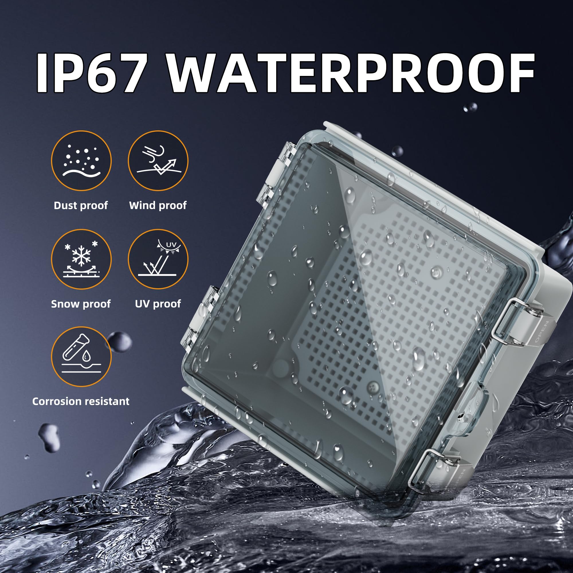 Joinfworld 6x6x4 Inch Outdoor Electrical Junction Box - Weatherproof, NEMA 4 Rated, Clear Plastic Enclosure for WiFi Timers, Conduits & Marine Electronics - Perfect for Outdoor Wiring, Garden Lighting & DIY Electrical Projects