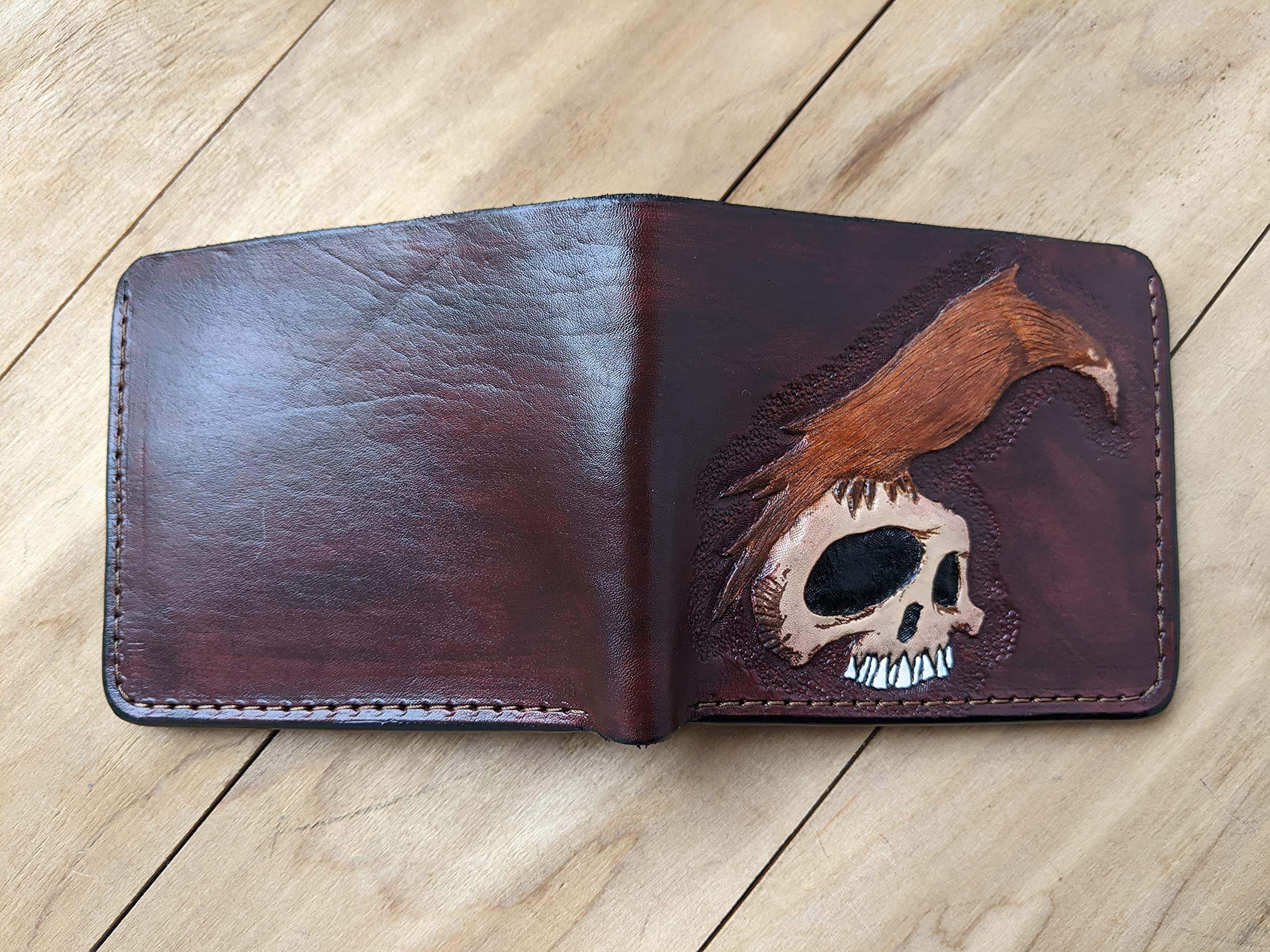 Handmade 3D Carved Genuine Leather Biker Wallet for Men - Custom Personalized Crow Design Long Wallet - Perfect for Motorcycle Riders, Gift Giving & Everyday Use