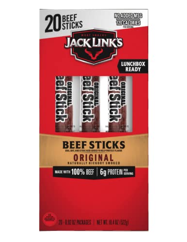 Jack Link's Original Beef Sticks - High Protein Snack, 6g Protein per Stick, 100% Beef, No MSG, 0.92 Oz (20 Count) - Perfect for Hiking, Camping, Road Trips & On-the-Go Nutrition
