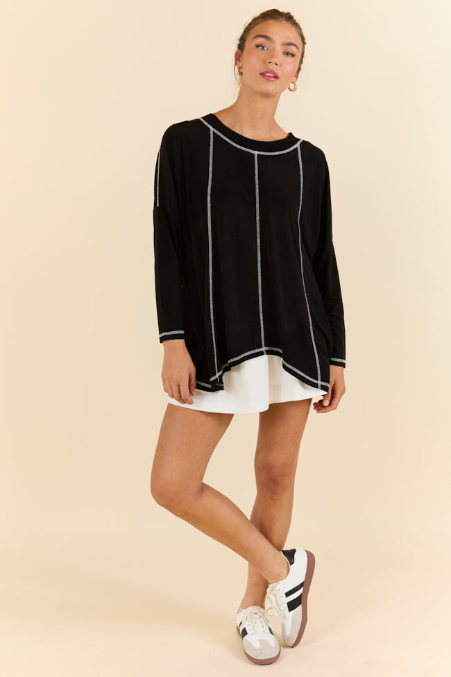 Play On Black Long Sleeve Split Back Top - Women's Fashion T-Shirt for Casual Wear, Night Out & Street Style